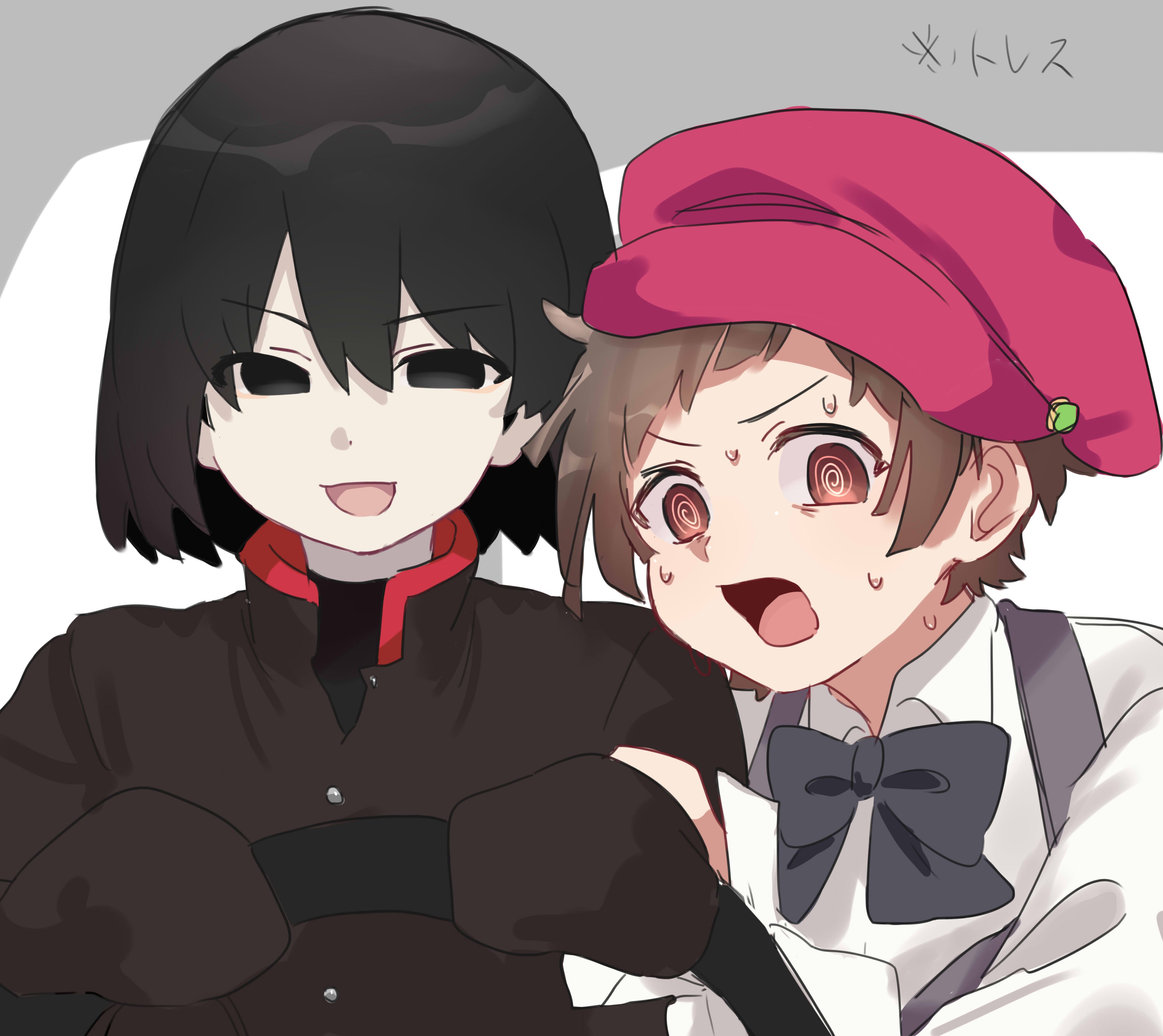 tsugumi (tgm 615486), oshino ougi, sengoku nadeko, monogatari (series), nademonogatari, absurdres, commentary, highres, translated, 2girls, @ @, black bow, black bowtie, black eyes, black hair, bow, bowtie, brown hair, driving, frown, gakuran, hat, looking at viewer, meme, multiple girls, nervous, nervous sweating, newsboy cap, open mouth, pink hat, power crashes kobeni's car (meme), scared, scene reference, school uniform, sengoku nadeko (mangaka), short hair, simple background, smile, sweat, upper body, white background