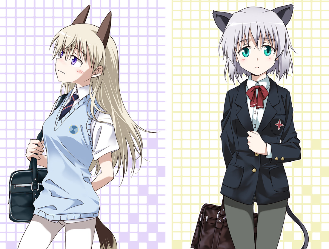 agahari, eila ilmatar juutilainen, sanya v. litvyak, strike witches, world witches series, silver hair, 00s, 2girls, alternate costume, animal ears, bag, black pantyhose, blue eyes, blush, cat ears, cat tail, green eyes, long hair, multiple girls, necktie, pantyhose, ribbon, satchel, school uniform, short hair, tail, white pantyhose