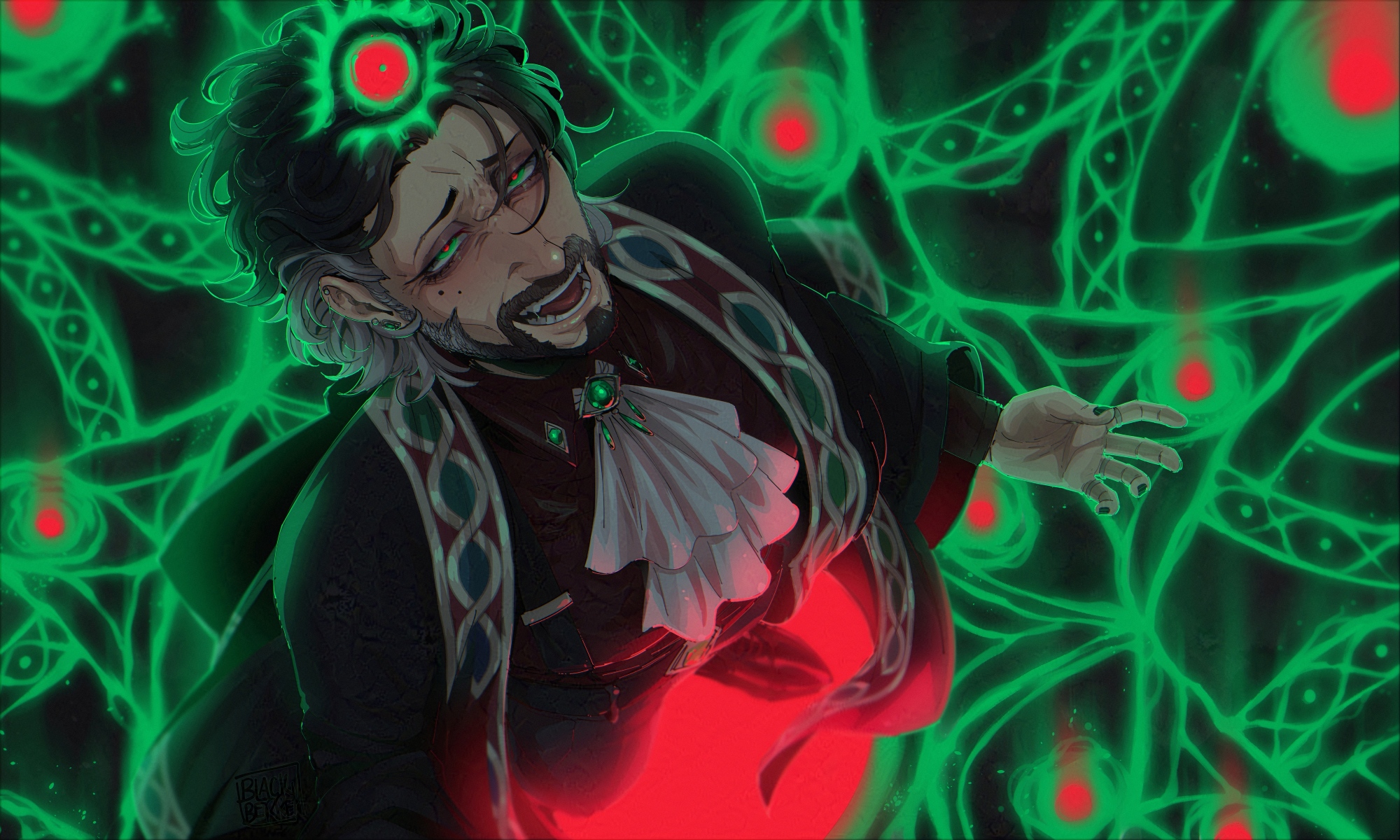 elias bouchard, the magnus archives, highres, 1boy, ascot, bags under eyes, beard, black hair, blackberreh-art, crow's feet, facial hair, fangs, frown lines, furrowed brow, green eyes, grey hair, male focus, mole, mole under eye, multicolored hair, mustache, nose, open mouth, red pupils, smile lines, two-tone hair