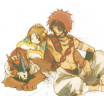 giet, moses sandor, norma beatty, tales of (series), tales of legendia, lowres, 1boy, 1girl, blue eyes, bracelet, brown hair, couple, dog, hair ornament, hand on another's head, headpat, hetero, jewelry, necklace, one eye closed, red hair, sandals, short hair, sitting, sketch, smile, sphere hair ornament, topless male, white background, wink