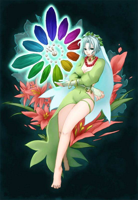 saintpaulia, grune (tales), tales of (series), tales of legendia, bad id, bad pixiv id, 1girl, aqua eyes, aqua hair, barefoot, black background, blue eyes, blue hair, bracelet, breasts, cleavage, dress, female focus, flower, jewelry, matching hair/eyes, nature, necklace, rainbow order, short hair, simple background, sitting, smile, solo, thighs, white hair