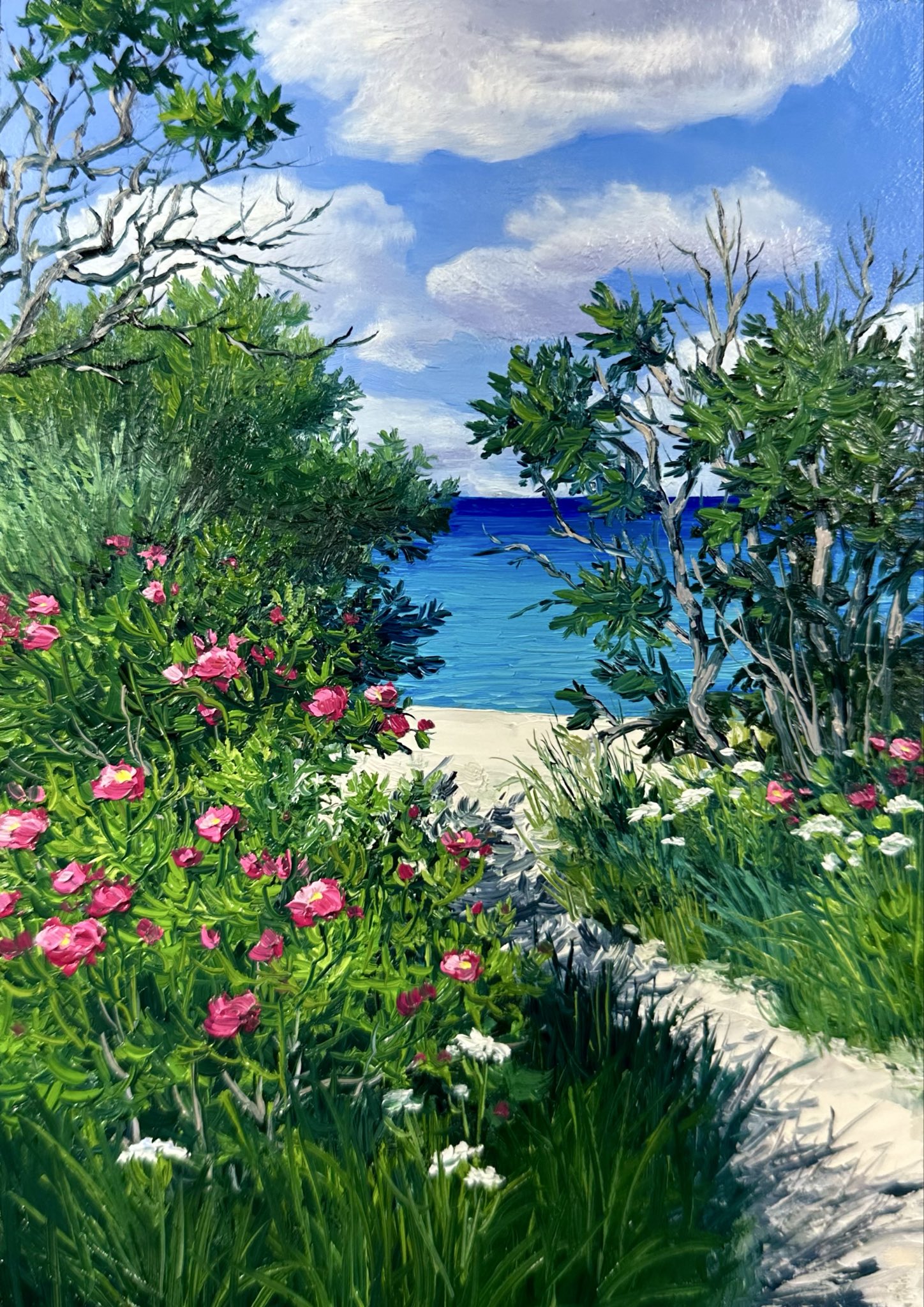 kate avery, maine, original, commentary, english commentary, highres, oil painting (medium), painting (medium), traditional media, beach, blue sky, bush, day, flower, horizon, no humans, ocean, outdoors, pink flower, real world location, scenery, sky, tree, white flower