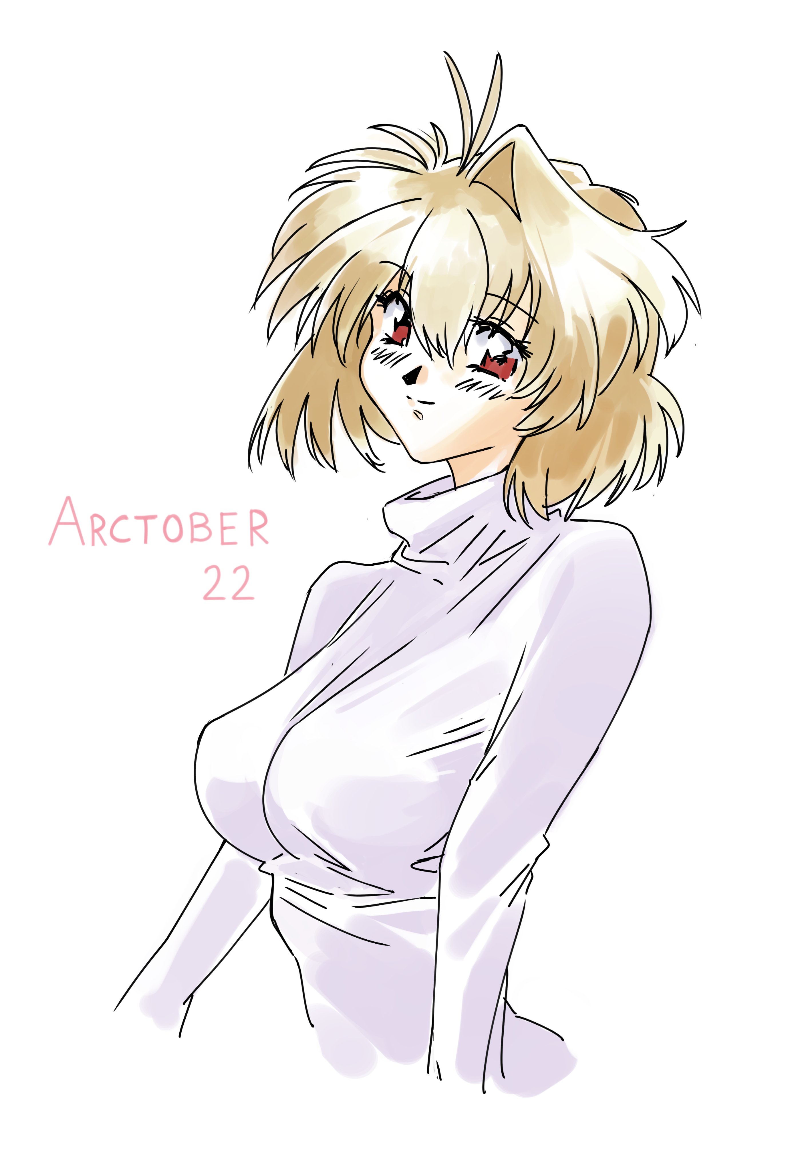jonyeld, arcueid brunestud, tsukihime, absurdres, highres, 1girl, blonde hair, breasts, medium breasts, red eyes, retro artstyle, short hair, simple background, solo, sweater, upper body, white background, white sweater