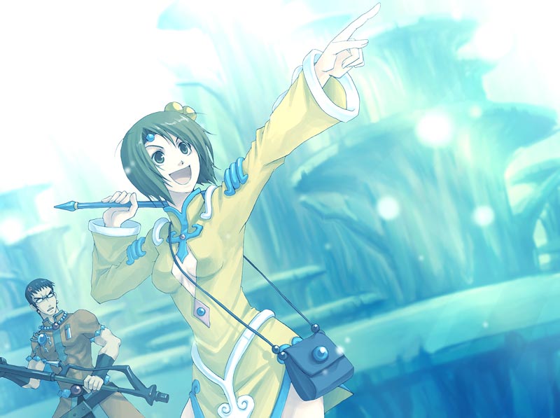 norma beatty, will raynard, tales of (series), tales of legendia, 1boy, 1girl, aqua theme, bag, brown hair, cleavage cutout, clothing cutout, glasses, hair bobbles, hair ornament, handbag, pointing, short hair, skirt, sphere hair ornament, yellow skirt