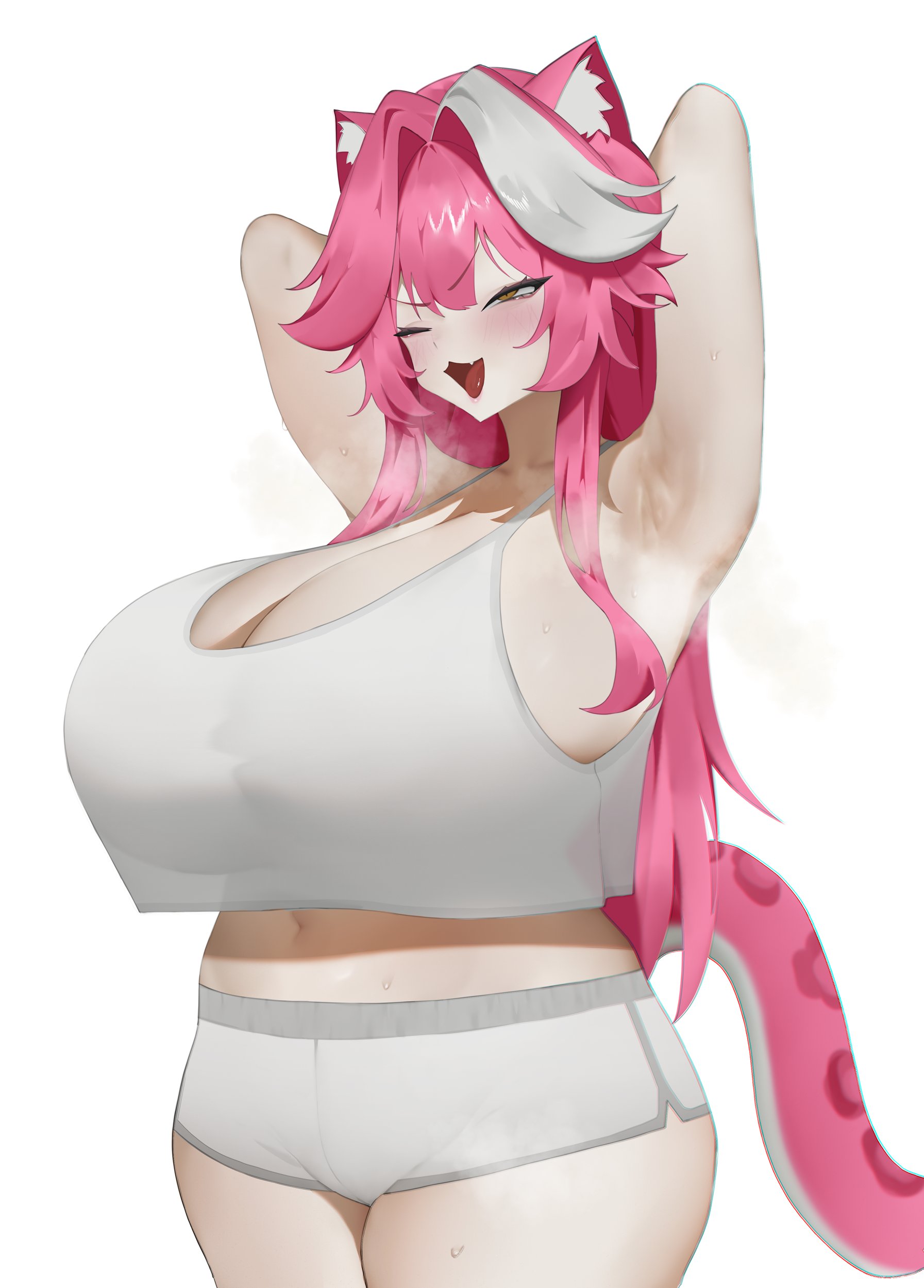 rieko (kuusairieko), raora panthera, hololive, hololive english, absurdres, commentary, english commentary, highres, 1girl, animal ears, armpits, arms up, blush, breasts, collarbone, crop top, crop top overhang, fang, hair intakes, huge breasts, long hair, multicolored hair, navel, one eye closed, open mouth, panther ears, panther girl, panther tail, pink hair, pink lips, pink tail, see-through silhouette, shorts, simple background, smile, solo, steaming body, stomach, streaked hair, sweat, tail, tank top, thighs, tongue, two-tone hair, virtual youtuber, white background, white shorts, white tank top, yellow eyes