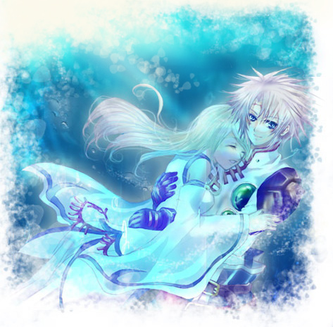 senel coolidge, stella fennes, stella telmes, tales of (series), tales of legendia, lowres, 1boy, 1girl, alternate hairstyle, aqua dress, aqua theme, belt, blonde hair, blue background, blue eyes, closed eyes, couple, detached sleeves, dress, gloves, happy, hetero, hug, long hair, short hair, smile, underwater, water, white hair