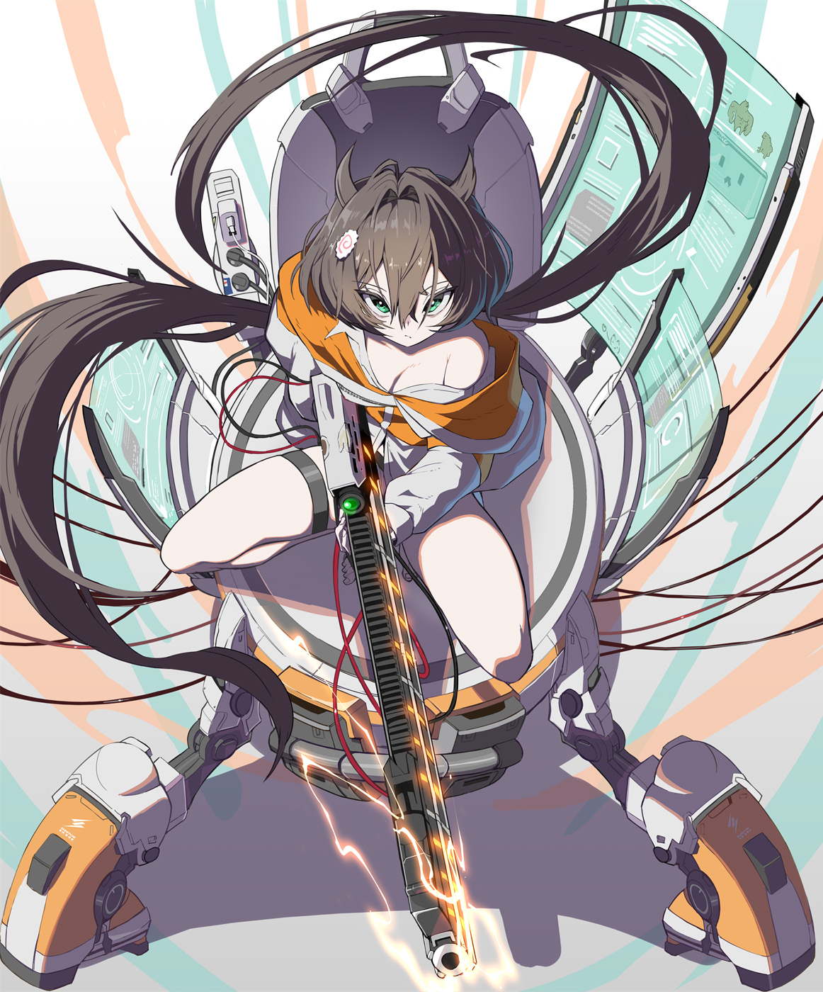 syope, trony (nikke), goddess of victory: nikke, highres, 1girl, black hair, blue eyes, breasts, cleavage, food-themed hair ornament, gun, hair between eyes, hair intakes, hair ornament, holding, holding gun, holding weapon, horn-shaped hair, jacket, long hair, low twintails, multicolored jacket, narutomaki hair ornament, orange jacket, small breasts, solo, thigh strap, twintails, two-tone jacket, weapon, white jacket