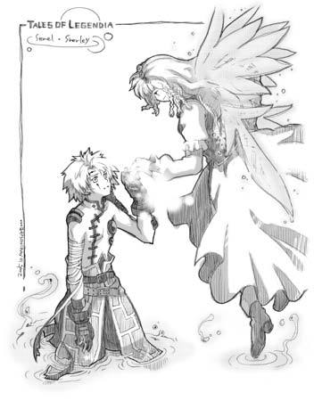 merines, senel coolidge, shirley fennes, tales of (series), tales of legendia, lowres, 1boy, 1girl, greyscale, monochrome, sketch, wings