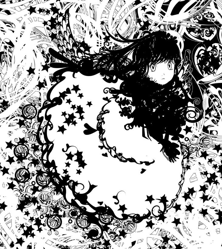 kazaana, abstract, dress, from above, greyscale, long hair, looking up, monochrome, psychedelic, solo