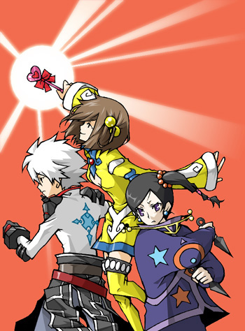tamadeko, jay (tales), norma beatty, senel coolidge, tales of (series), tales of legendia, bad id, bad pixiv id, lowres, 1girl, 2boys, bishounen, black hair, boots, brown hair, coat, hair ornament, kunai, long hair, multiple boys, purple eyes, red background, short hair, skirt, sphere hair ornament, staff, thighhighs, weapon, white hair, yellow boots, yellow skirt, yellow thighhighs