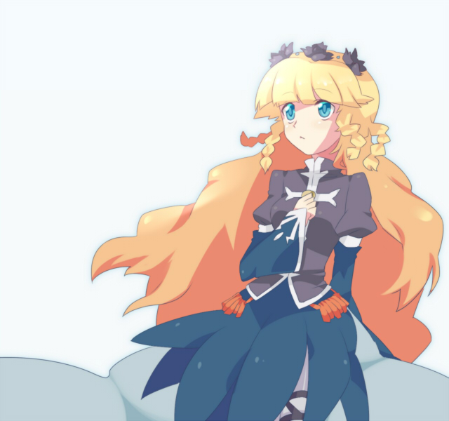 dolberry303, merines, shirley fennes, tales of (series), tales of legendia, bad id, bad pixiv id, 1girl, :<, blonde hair, blue dress, blue eyes, braid, dress, female focus, flower, formal clothes, hair ornament, long hair, solo, very long hair, white background