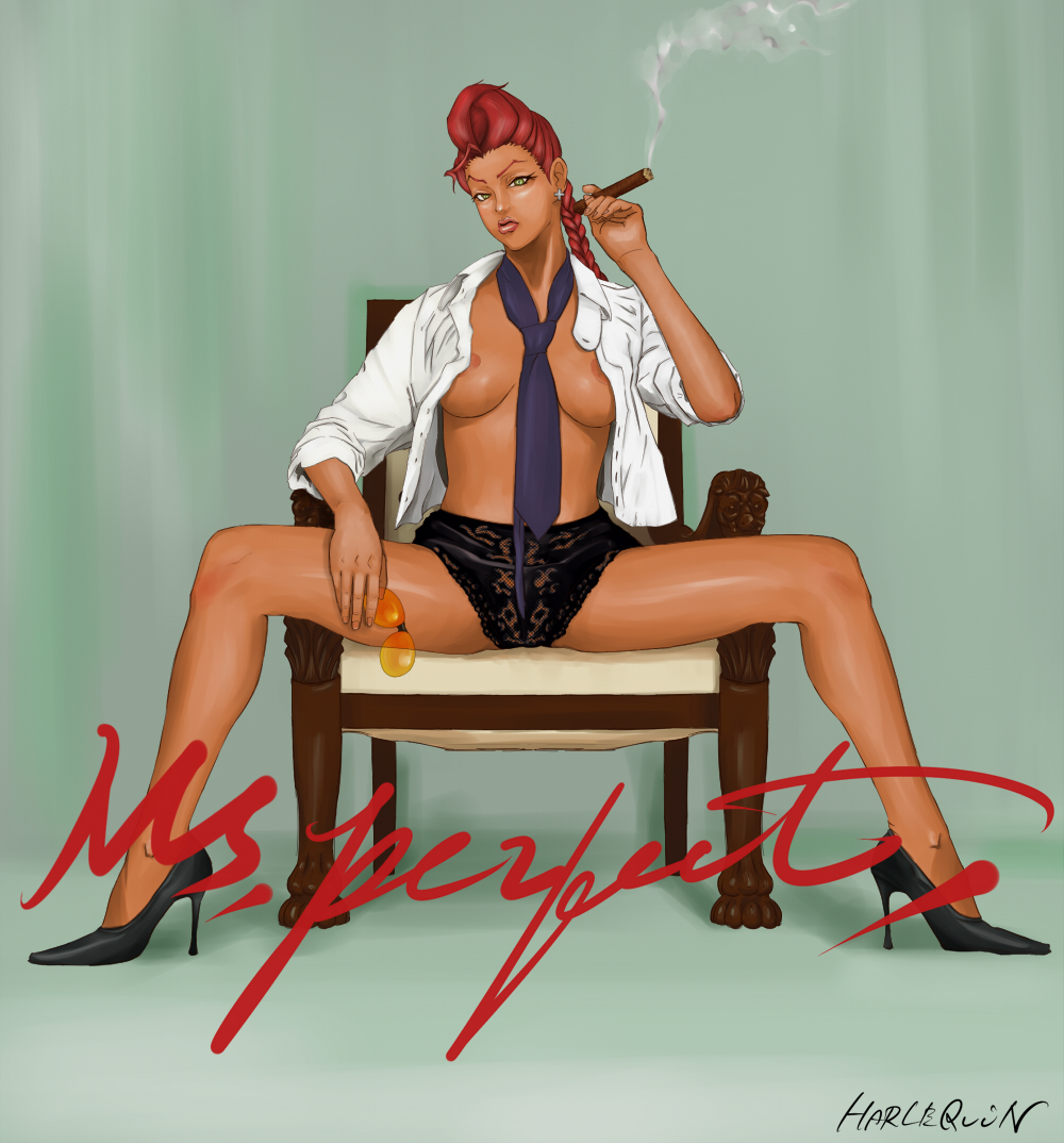 crimson viper, capcom, street fighter, street fighter iv (series), artist request, 1girl, between breasts, breasts, chair, cigar, earrings, female focus, high heels, jewelry, lingerie, necktie, necktie between breasts, no bra, on chair, open clothes, open shirt, panties, pompadour, red hair, shirt, shoes, sleeves rolled up, smoking, solo, spread legs, sunglasses, underwear