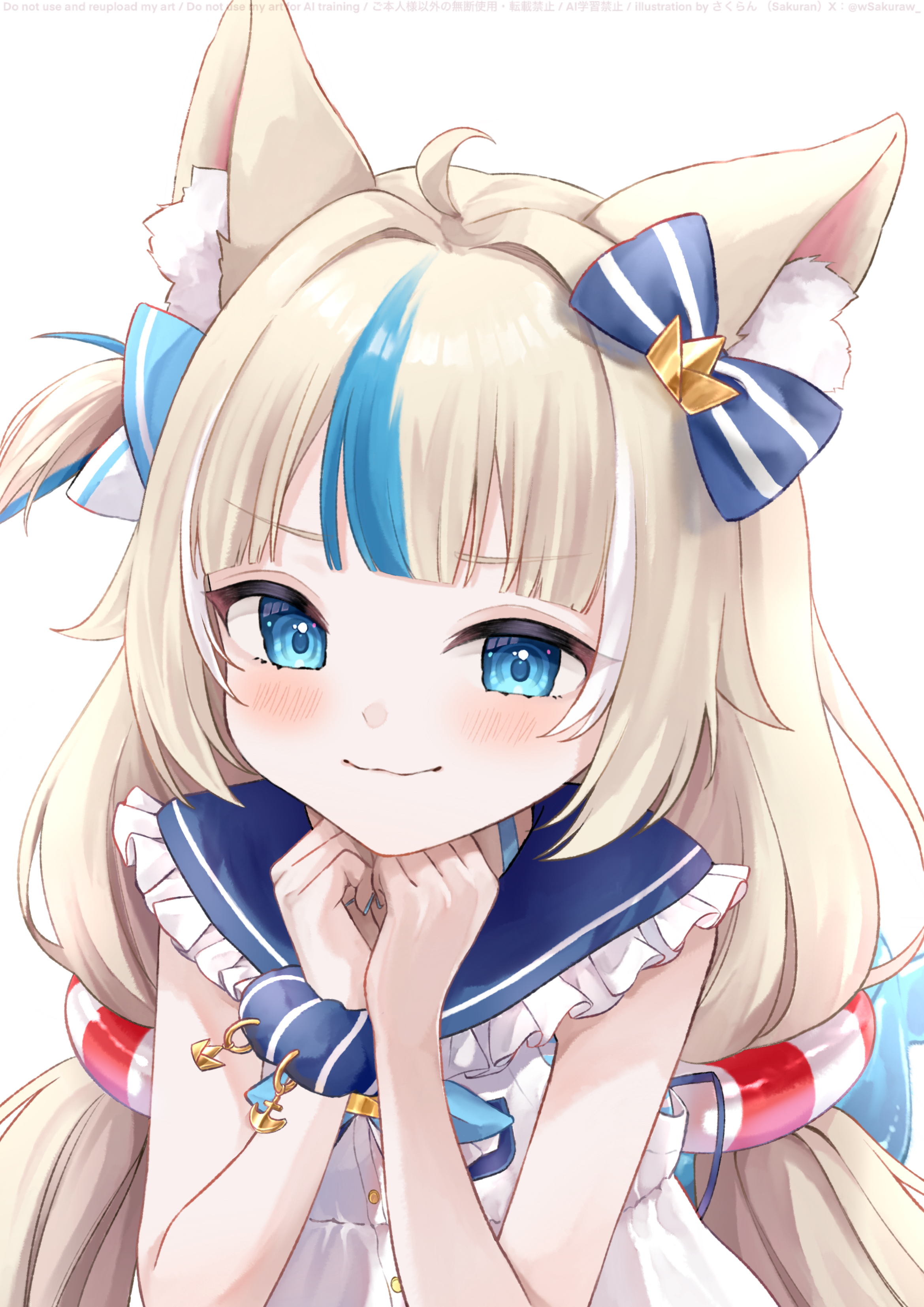 wsakuraw, sameko saba, indie virtual youtuber, absurdres, highres, 1girl, ahoge, animal ear fluff, animal ears, blonde hair, blue eyes, blush, cat ears, closed mouth, dress, fins, fish girl, fish tail, lifebuoy hair ornament, long hair, low twintails, one side up, sleeveless, sleeveless dress, smile, solo, tail, twintails, very long hair, virtual youtuber, white dress