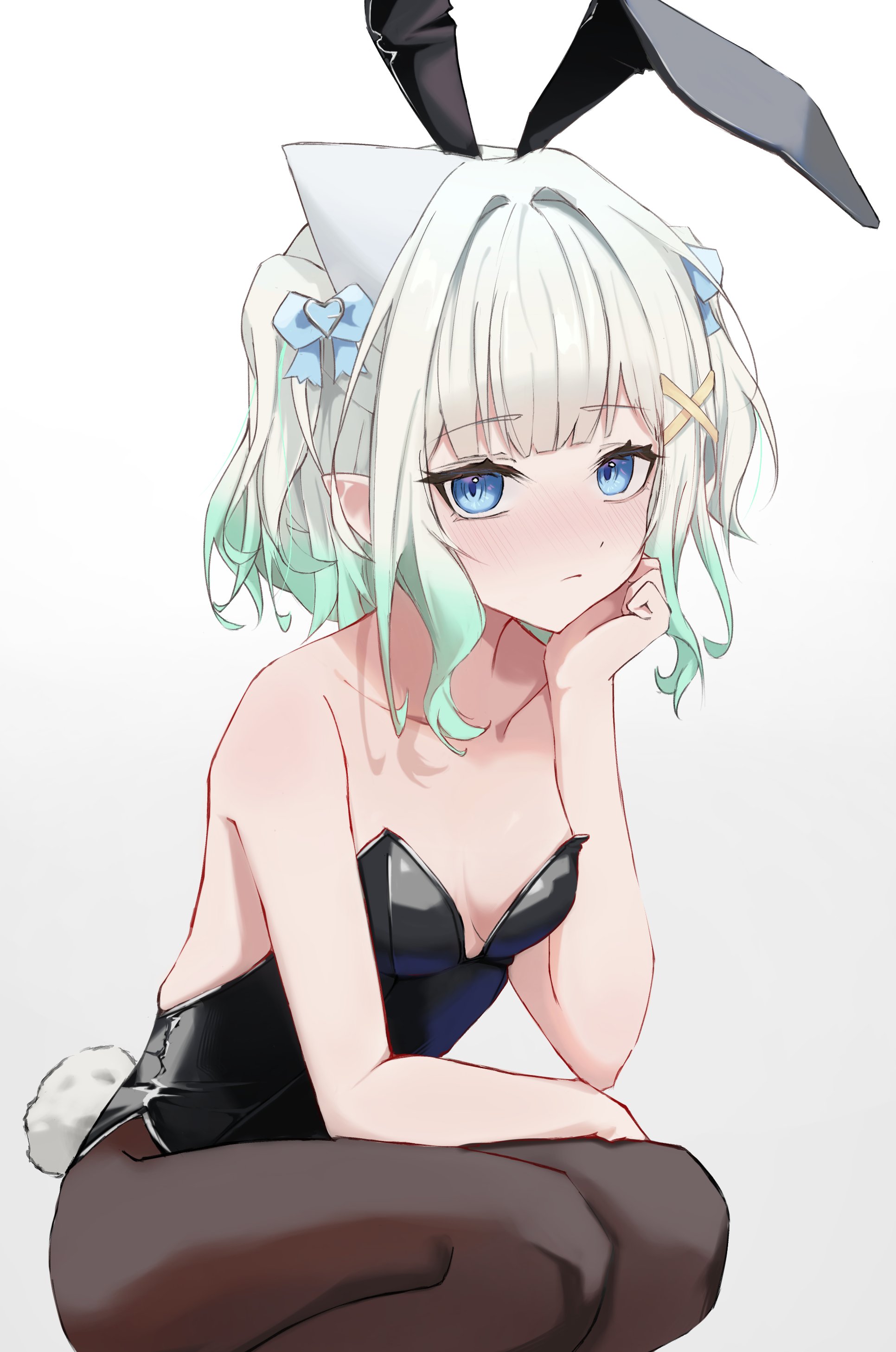 immakms zzz, mint fantome, indie virtual youtuber, absurdres, highres, 1girl, alternate costume, animal ears, bare shoulders, black leotard, black pantyhose, blue eyes, breasts, collarbone, fake animal ears, fake tail, green hair, grey hair, leotard, pantyhose, playboy bunny, rabbit ears, rabbit tail, short hair, small breasts, solo, strapless, strapless leotard, tail, virtual youtuber