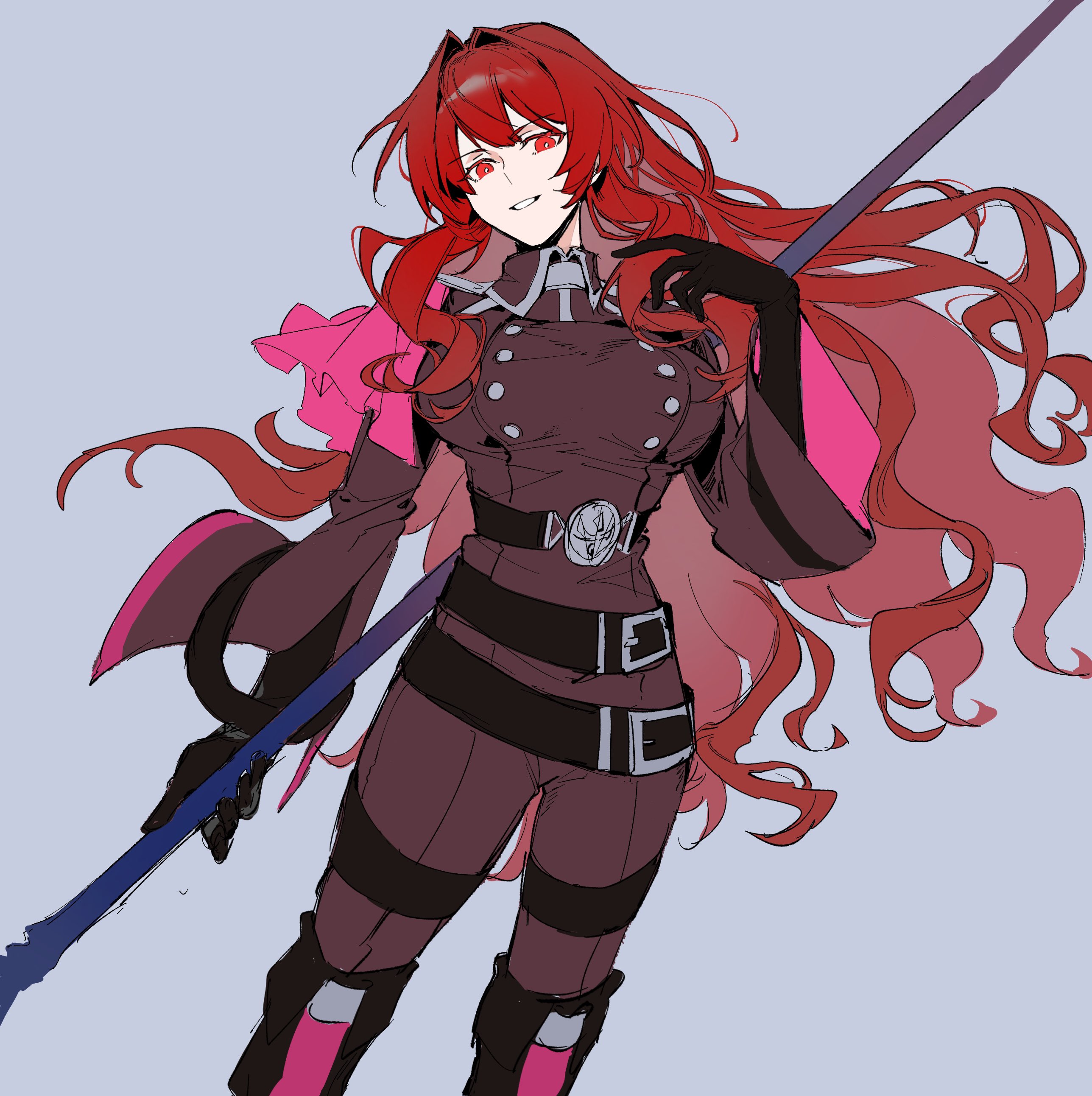 liiiyeee, exosister karmael, exosister martha, yu-gi-oh!, absurdres, commentary request, highres, 1girl, belt, black belt, black boots, black gloves, boots, breasts, buttons, double-breasted, elbow gloves, gloves, grey background, hair between eyes, hair intakes, holding, holding polearm, holding weapon, jacket, knee boots, large breasts, long hair, long sleeves, looking at viewer, military jacket, military uniform, pants, parted lips, polearm, red eyes, red hair, red jacket, red pants, sidelocks, simple background, solo, standing, very long hair, weapon, wide sleeves