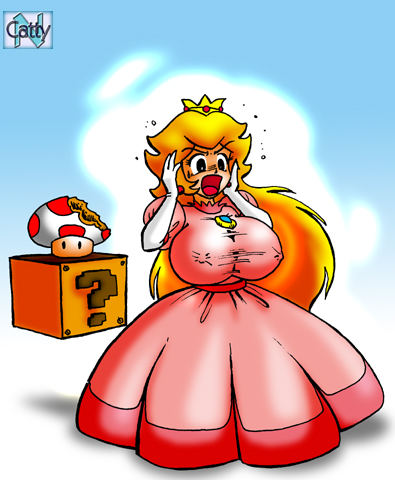 princess peach, mario (series), nintendo, super mario bros. 1, lowres, 1girl, blonde hair, breast expansion, breasts, covered erect nipples, crown, dress, elbow gloves, female focus, gloves, huge breasts, impossible clothes, impossible shirt, long hair, mushroom, open mouth, pink dress, shirt, solo, surprised