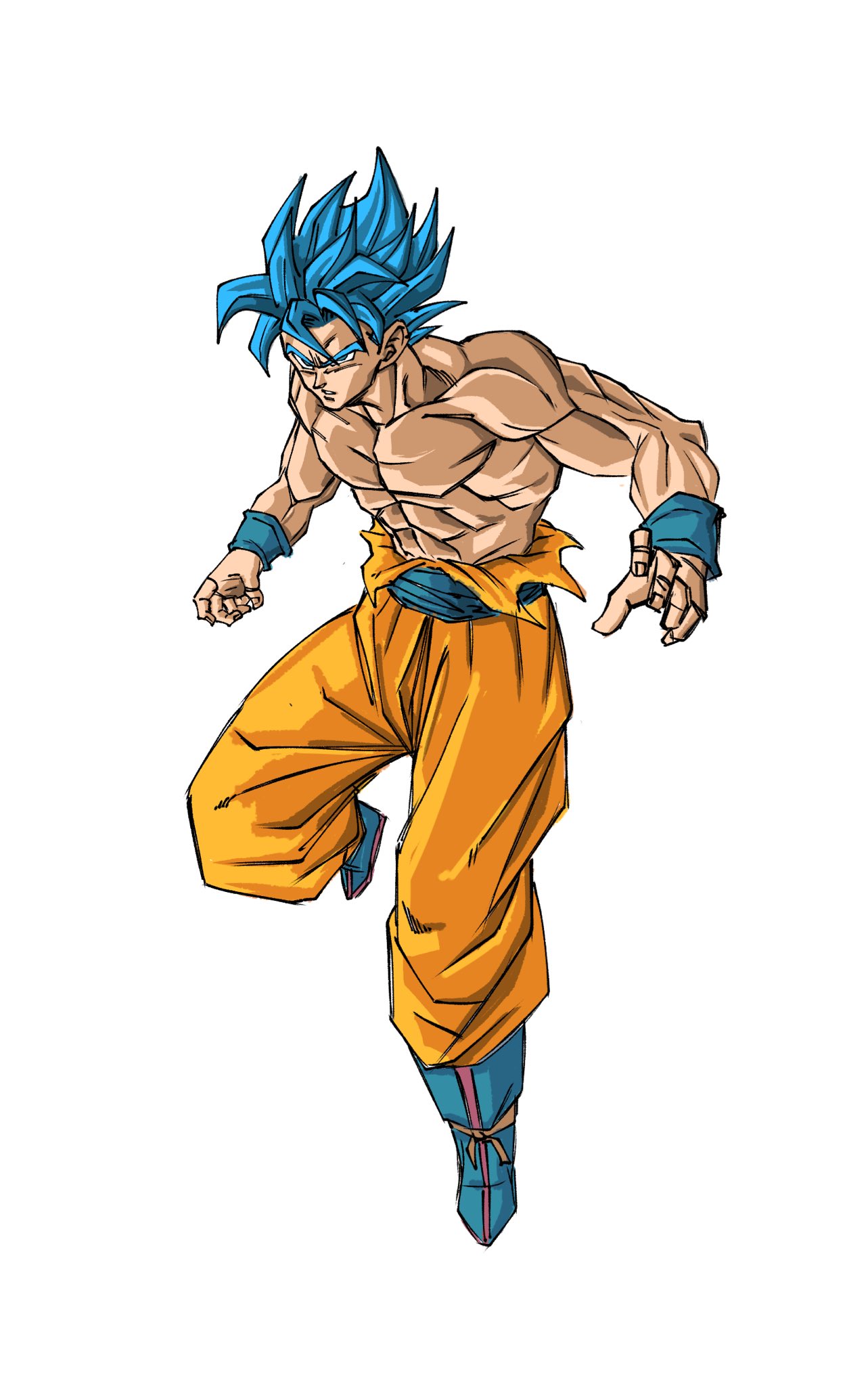 gomadang0417, son goku, dragon ball, dragon ball super, highres, 1boy, abs, blue eyes, blue hair, male focus, medium hair, orange pants, pants, simple background, solo, spiked hair, super saiyan, super saiyan blue, topless male, white background