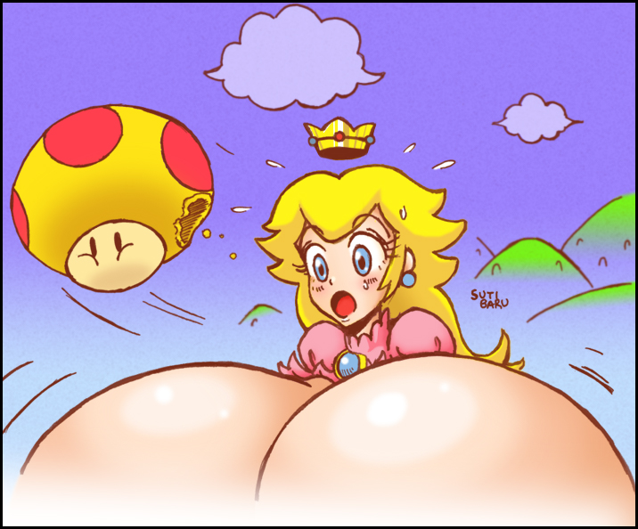 princess peach, mario (series), nintendo, super mario bros. 1, 1girl, blonde hair, blue eyes, blue sky, breast expansion, breasts, cloud, crown, earrings, gigantic breasts, impossibly large breasts, jewelry, long hair, mega mushroom, open mouth, sky, solo, surprised, torn clothes