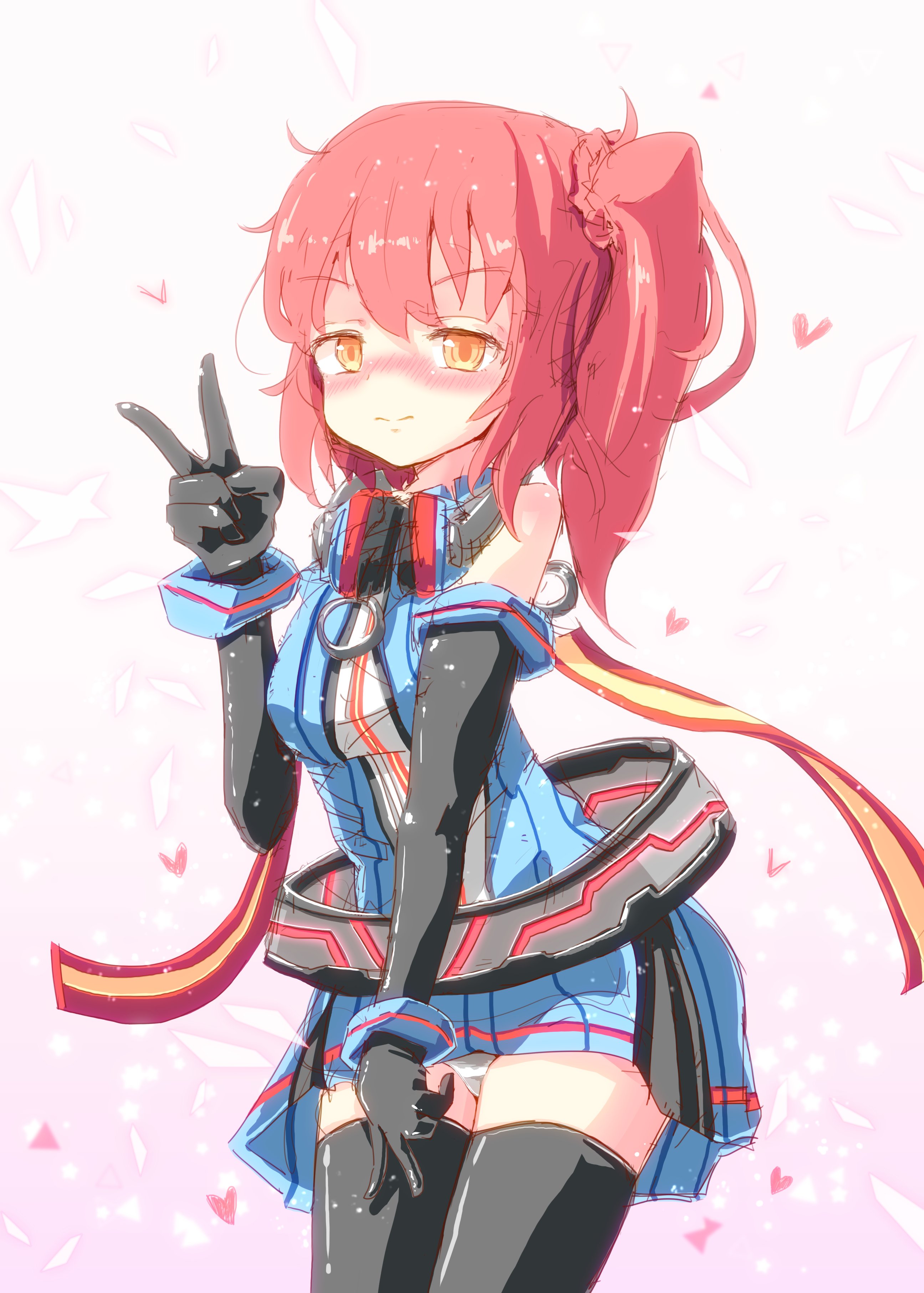 kitune47, emil chronicle online, absurdres, highres, 1girl, android, black gloves, black thighhighs, blue dress, blue wrist cuffs, blush, breasts, dress, elbow gloves, gloves, heart, killer machine alma, medium breasts, nose blush, panties, red hair, side ponytail, solo, spoken heart, thighhighs, underwear, v, white panties, wrist cuffs, yellow eyes