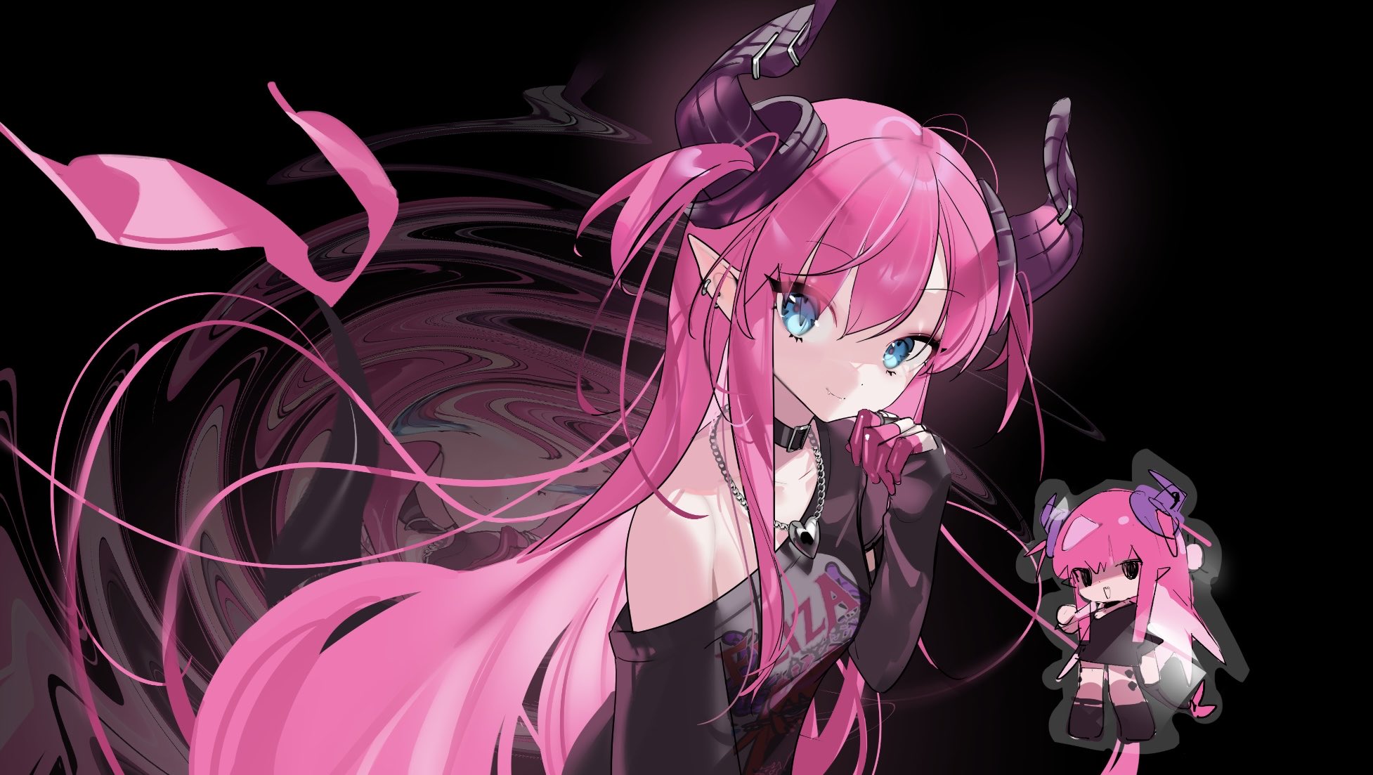 ariozara, elizabeth bathory (fate), fate/grand order, fate (series), highres, 1girl, black shirt, blue eyes, blush, choker, colored fingertips, dragon girl, dragon horns, ear piercing, elizabeth bathory (perfect) (fate), elizabeth bathory (perfect) (first ascension) (fate), horns, long hair, looking at viewer, piercing, pink hair, pointy ears, print shirt, shirt, solo, tail