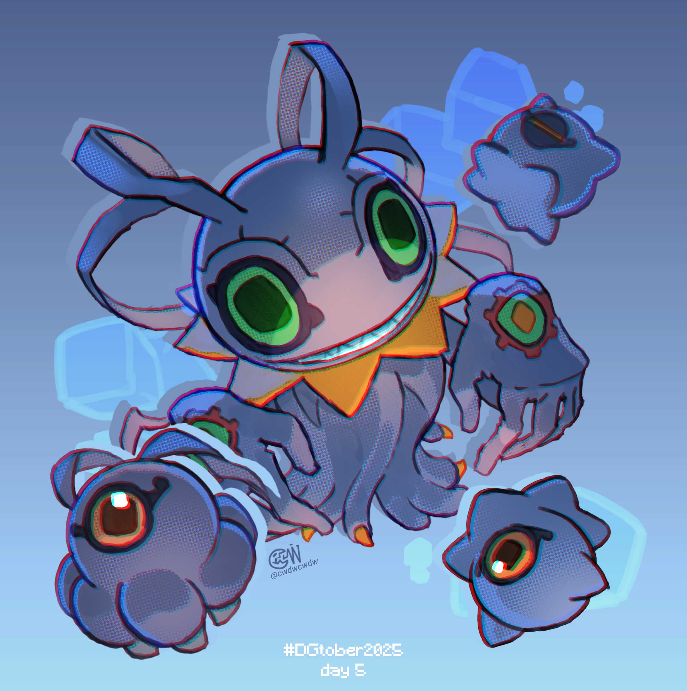 cwdw, keramon, kuramon, tsumemon, digimon, absurdres, highres, blue background, digimon (creature), evolutionary line, green eyes, group picture, inktober, one-eyed, red eyes, simple background