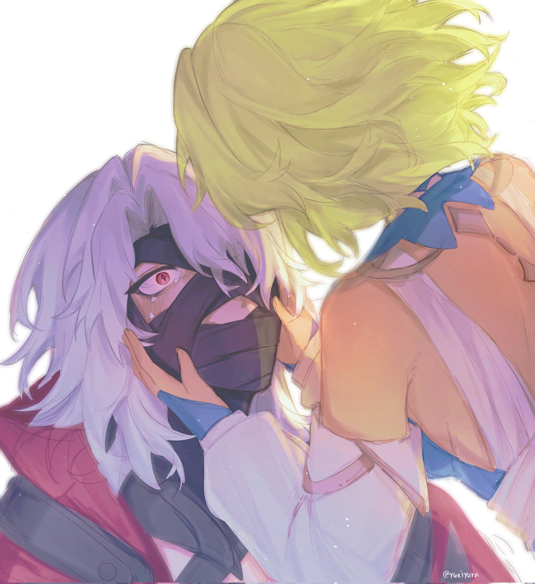 rerir (genshin impact), genshin impact, highres, 1boy, 1girl, bandages, blonde hair, cloak, crying, dress, hands on another's face, red cloak, red eyes, tears, tholindis (genshin impact), white dress, white hair, yueiyuraehe