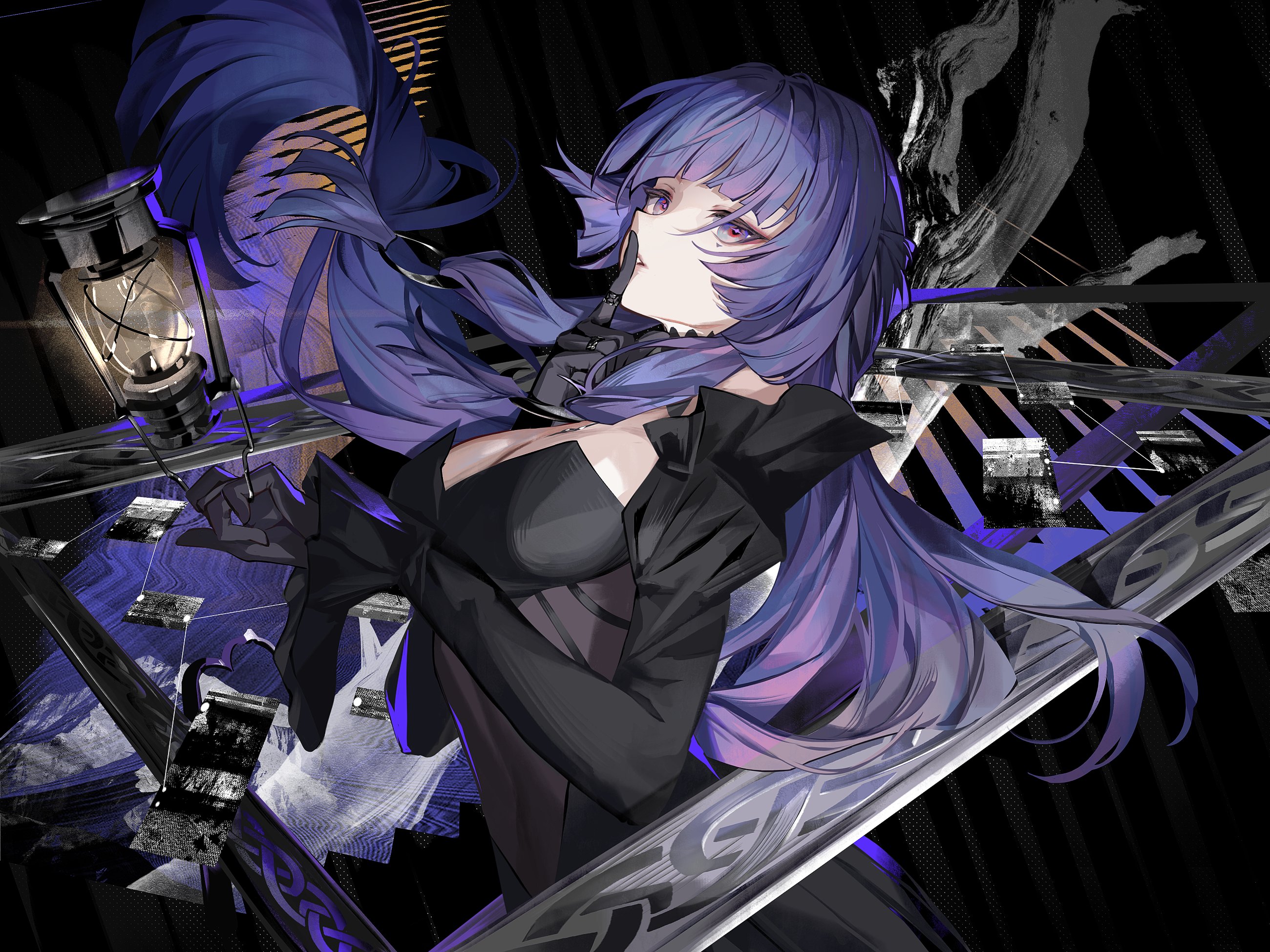 reeh (yukuri130), patchouli knowledge, touhou, highres, 1girl, alternate costume, black gloves, bow, breasts, dark background, dress, finger to mouth, gloves, hat, jewelry, lantern, long hair, long sleeves, looking at viewer, multiple rings, open mouth, purple eyes, purple hair, ribbon, ring, smile, solo