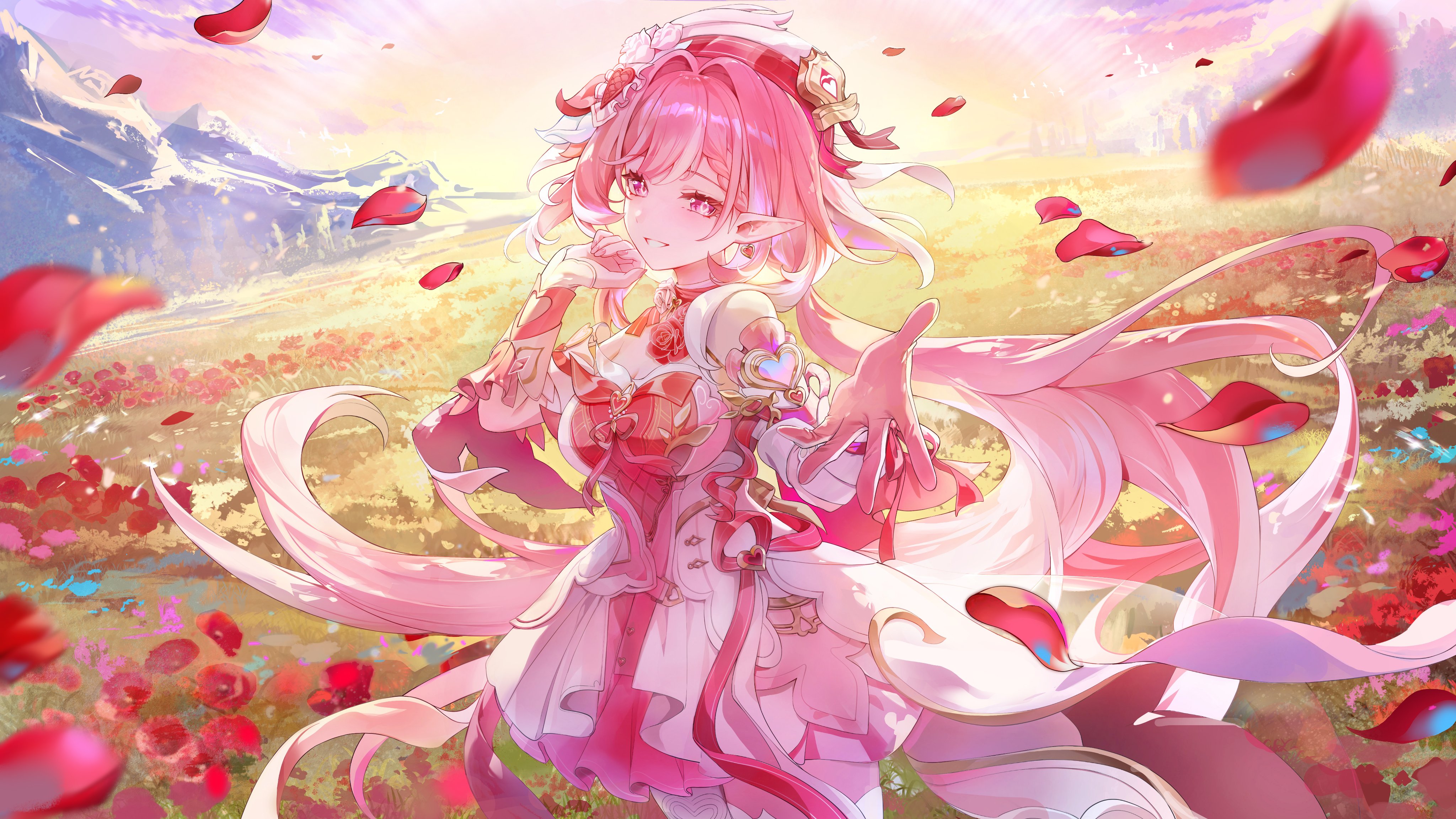 dasha, elysia (hi love elf) (honkai impact), elysia (honkai impact), honkai (series), honkai impact 3rd, absurdres, highres, 1girl, dress, elf, falling petals, floating hair, gloves, hand up, long hair, looking at viewer, offering hand, official alternate costume, open mouth, outdoors, parted lips, petals, pink gloves, pink hair, pointy ears, single glove, smile, thighhighs, very long hair, white thighhighs