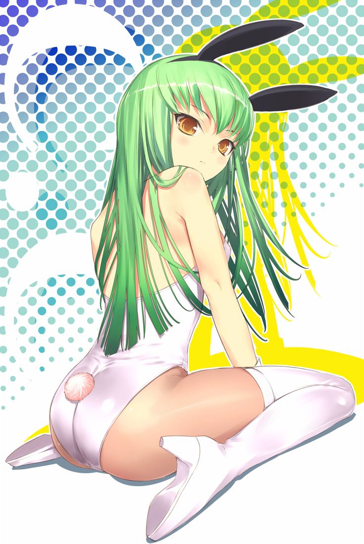 uni (plastic girl), c.c., code geass, 00s, 1girl, animal ears, ass, fake animal ears, female focus, full body, green hair, high heels, pantyhose, playboy bunny, rabbit ears, rabbit tail, shoes, sitting, solo, tail