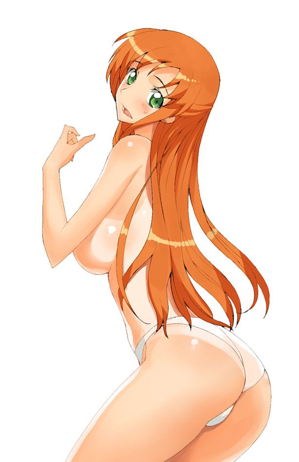 shirley fenette, code geass, a1, 00s, 1girl, ass, blush, breasts, from behind, green eyes, large breasts, long hair, looking at viewer, looking back, one-piece tan, open mouth, orange hair, panties, tan, tanline, underwear, white background, white panties
