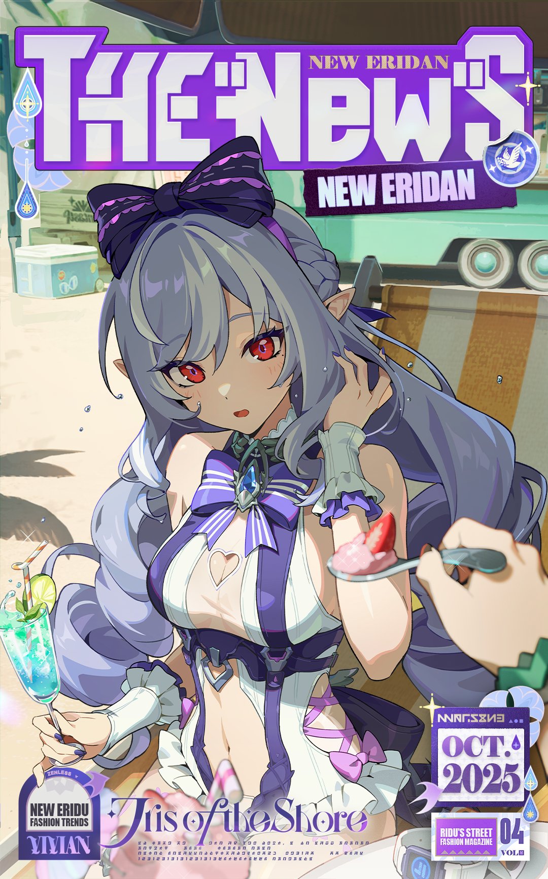 belle (summer skies) (zenless zone zero), belle (zenless zone zero), vivian banshee, vivian banshee (iris of the shore), zenless zone zero, commentary, english commentary, highres, official art, 2girls, bare shoulders, blush, bow, breasts, clothing cutout, drill hair, english text, hair bow, long hair, looking at viewer, medium breasts, mole, mole under eye, multicolored hair, multiple girls, navel, official alternate costume, one-piece swimsuit, pointy ears, purple bow, purple hair, red eyes, solo focus, stomach cutout, streaked hair, swimsuit