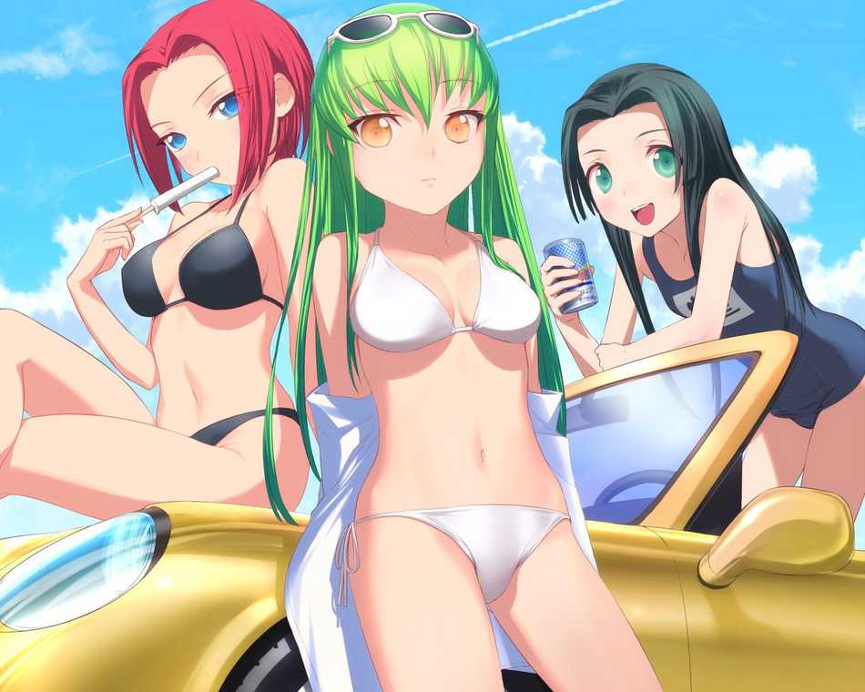 uni (plastic girl), c.c., kouzuki kallen, sumeragi kaguya, code geass, drawing, 00s, 3girls, bikini, black hair, blue eyes, breasts, can, car, cleavage, closed mouth, drink can, food, green hair, long hair, looking at viewer, motor vehicle, multiple girls, open mouth, popsicle, school swimsuit, short hair, soda can, sunglasses, swimsuit, yellow eyes