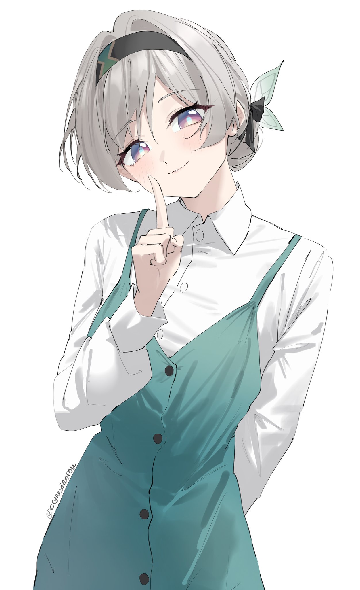 cryne, firefly (honkai: star rail), honkai: star rail, honkai (series), highres, 1girl, alternate costume, alternate hairstyle, aqua pupils, black hairband, collared shirt, hair bun, hair intakes, hair up, hairband, long sleeves, multicolored eyes, shirt, smile, solo, two-tone eyes, white shirt