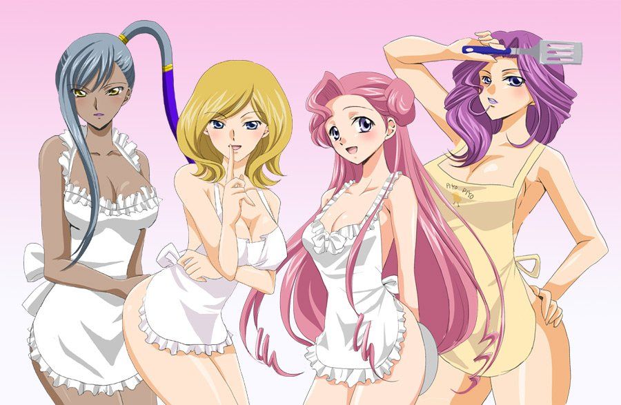 sinko (sinsin), cornelia li britannia, euphemia li britannia, milly ashford, villetta nu, code geass, 00s, 4girls, apron, bare shoulders, blonde hair, blush, breasts, brown eyes, cleavage, dark-skinned female, dark skin, grey hair, large breasts, long hair, multiple girls, naked apron, no panties, pink hair, ponytail, purple hair, yellow eyes