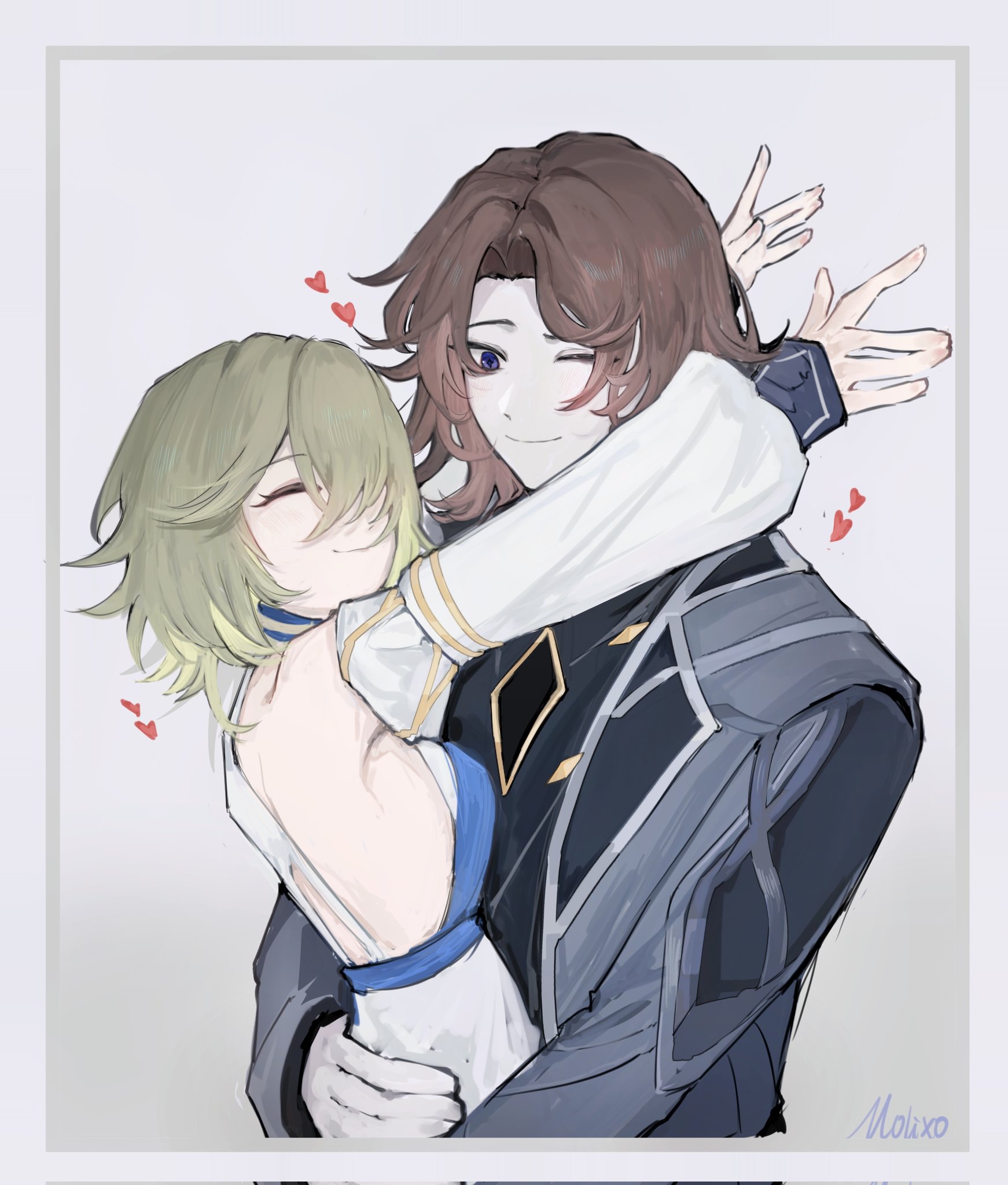rerir (genshin impact), genshin impact, highres, 1boy, 1girl, blonde hair, blue eyes, brown hair, closed eyes, dress, gloves, heart, hug, molingxiao7, one eye closed, smile, tholindis (genshin impact), white dress, white gloves
