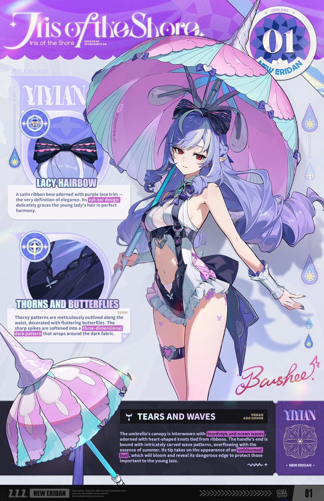 vivian banshee, vivian banshee (iris of the shore), zenless zone zero, commentary, english commentary, highres, official art, 1girl, bare shoulders, blush, bow, breasts, clothing cutout, drill hair, english text, hair bow, holding, holding umbrella, long hair, looking at viewer, medium breasts, mole, mole under eye, multicolored hair, navel, official alternate costume, one-piece swimsuit, pointy ears, purple bow, purple hair, red eyes, solo, stomach cutout, streaked hair, swimsuit, thigh strap, umbrella