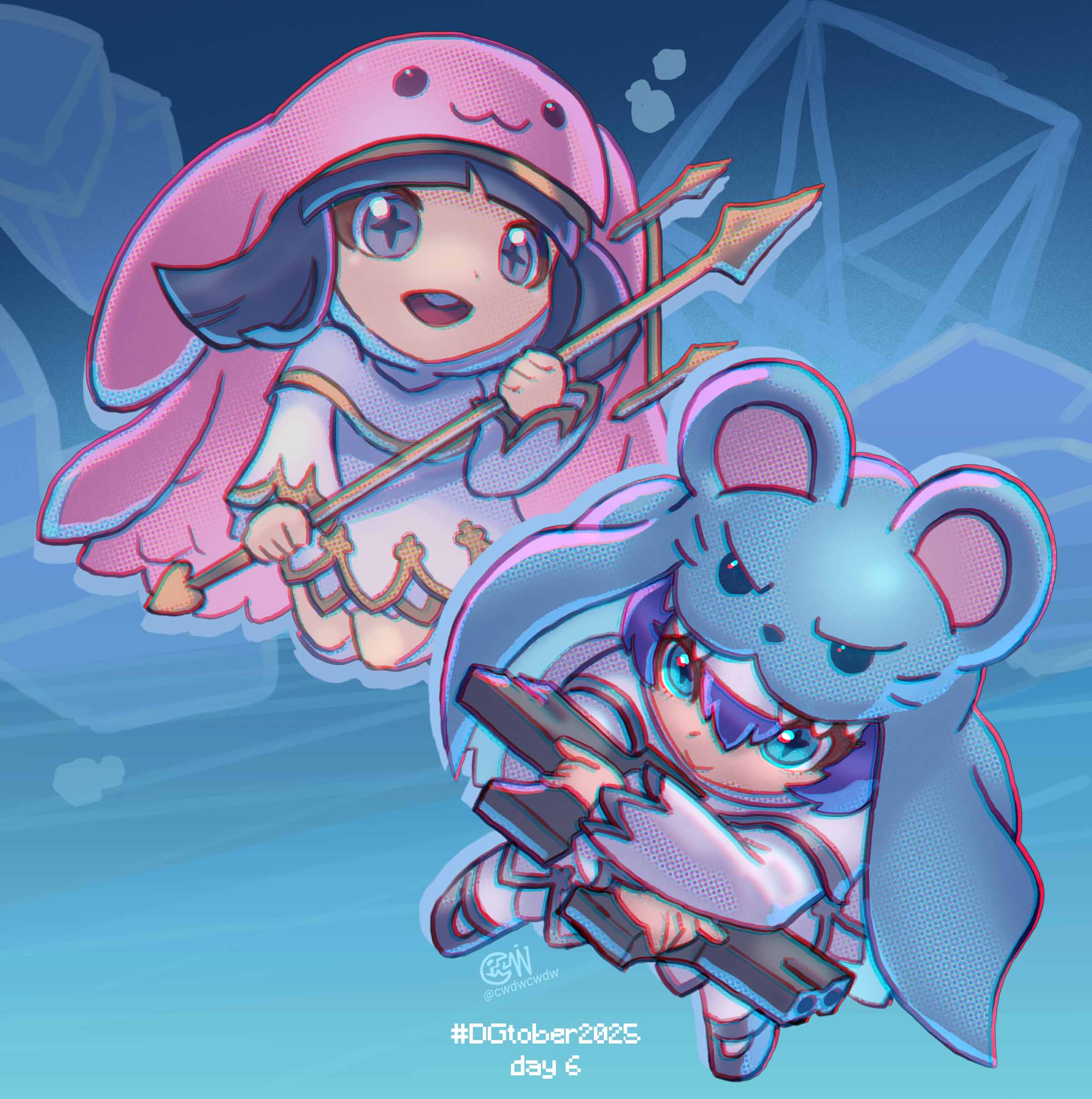 cwdw, sistermon blanc, sistermon ciel, digimon, absurdres, highres, 2girls, blue background, blue eyes, blue hair, blue hat, cross-shaped pupils, digimon (creature), dress, dual wielding, grey hair, gun, hat, holding, holding gun, holding polearm, holding weapon, inktober, multiple girls, nun, pink hat, polearm, symbol-shaped pupils, trident, weapon, white dress