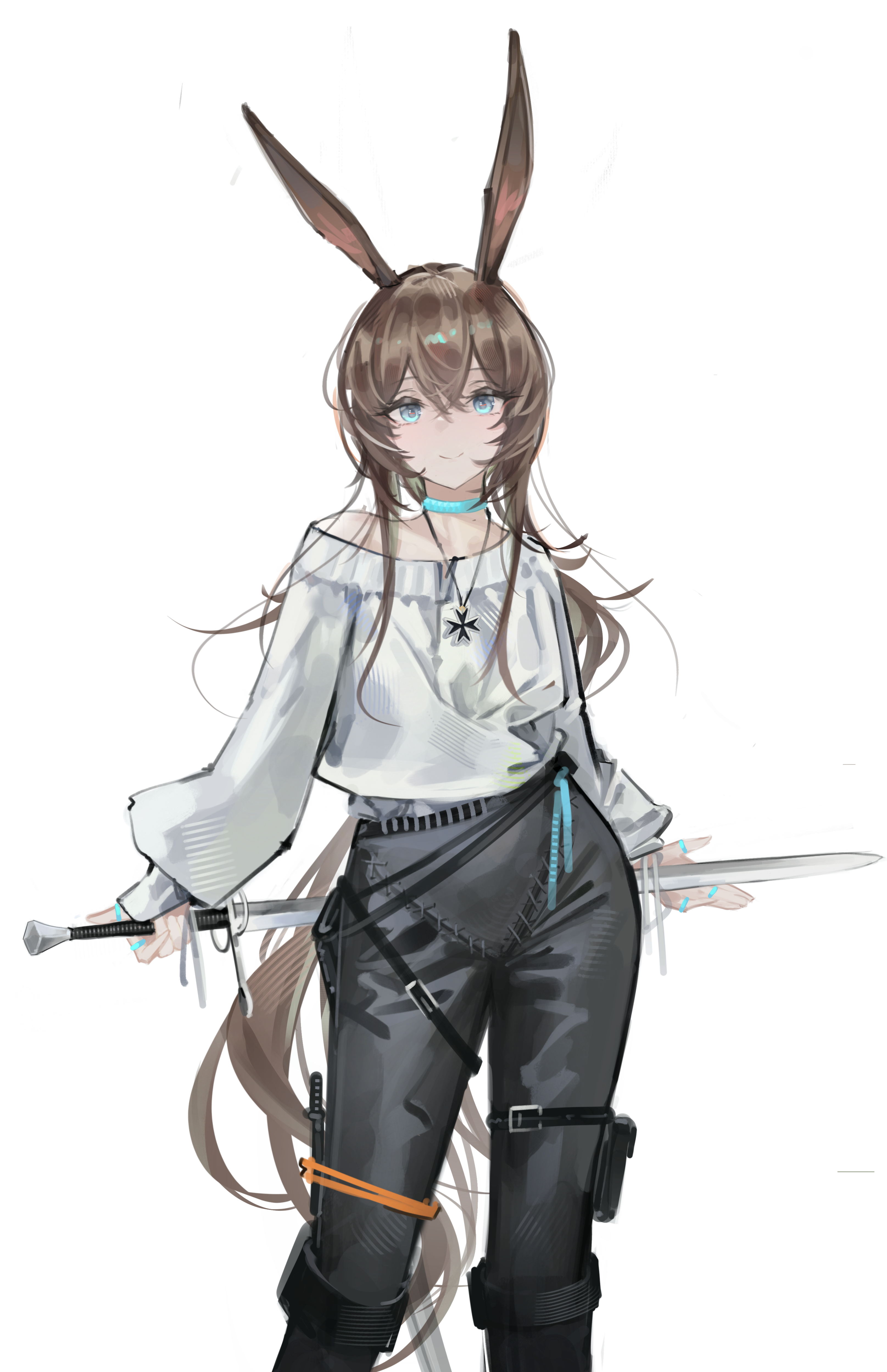 meihina, amiya (arknights), arknights, absurdres, chinese commentary, commentary request, highres, 1girl, alternate costume, animal ears, bare shoulders, black pants, blue collar, blue eyes, brown hair, closed mouth, collar, cowboy shot, cross, cross necklace, hair between eyes, holding, holding sword, holding weapon, jewelry, long hair, looking at viewer, multiple rings, necklace, off shoulder, pants, ring, shirt, smile, solo, standing, sword, very long hair, weapon, white shirt