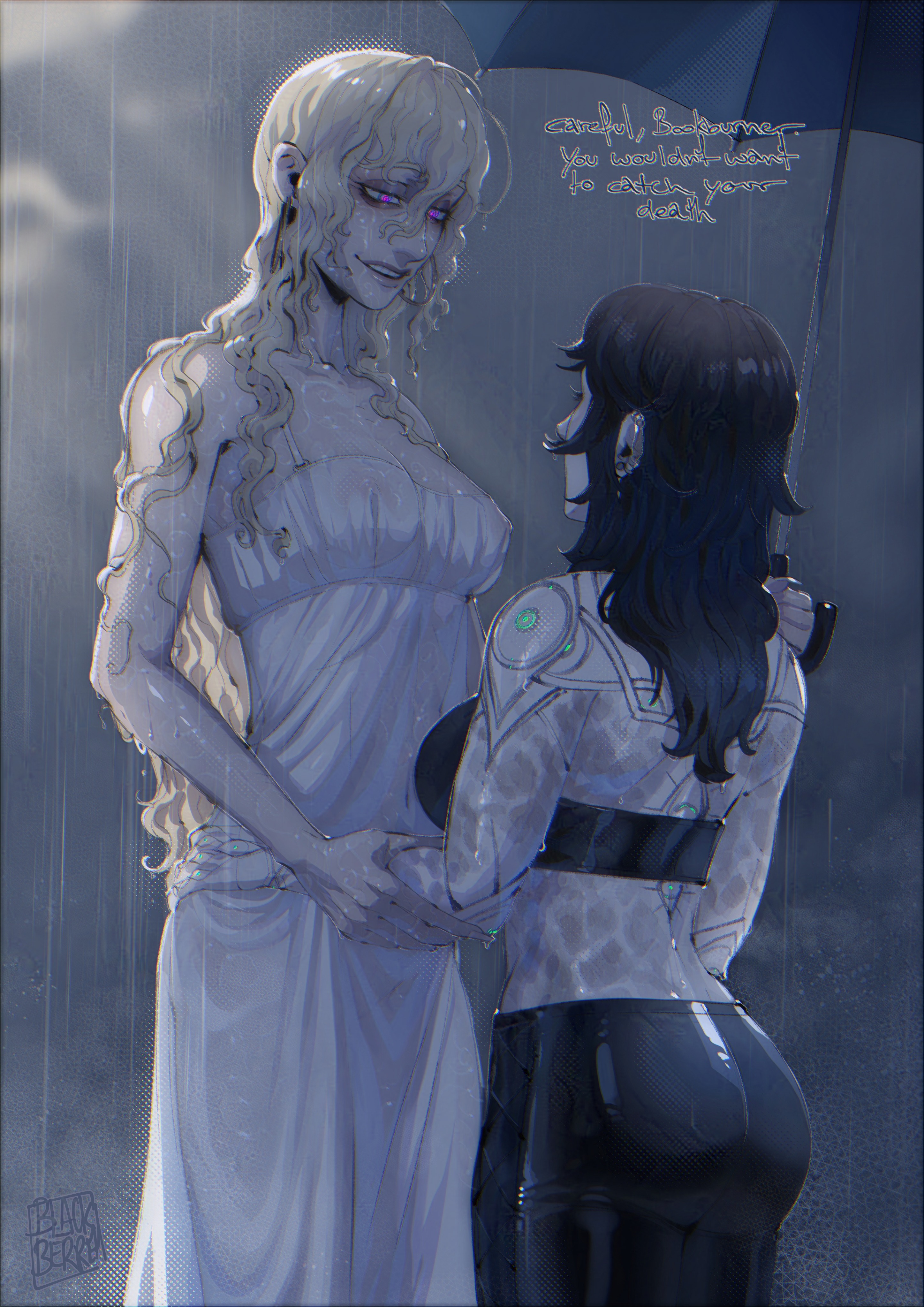 the magnus archives, absurdres, highres, 2girls, black hair, blackberreh-art, body markings, breasts, covered erect nipples, distortion (tma), dress, earrings, genderswap, genderswap (mtf), gerard keay, goth fashion, height difference, jewelry, long hair, michael shelley, multiple girls, pants, rain, scar, smile, tall female, tattoo, umbrella, wet, wet clothes, wet dress, white dress