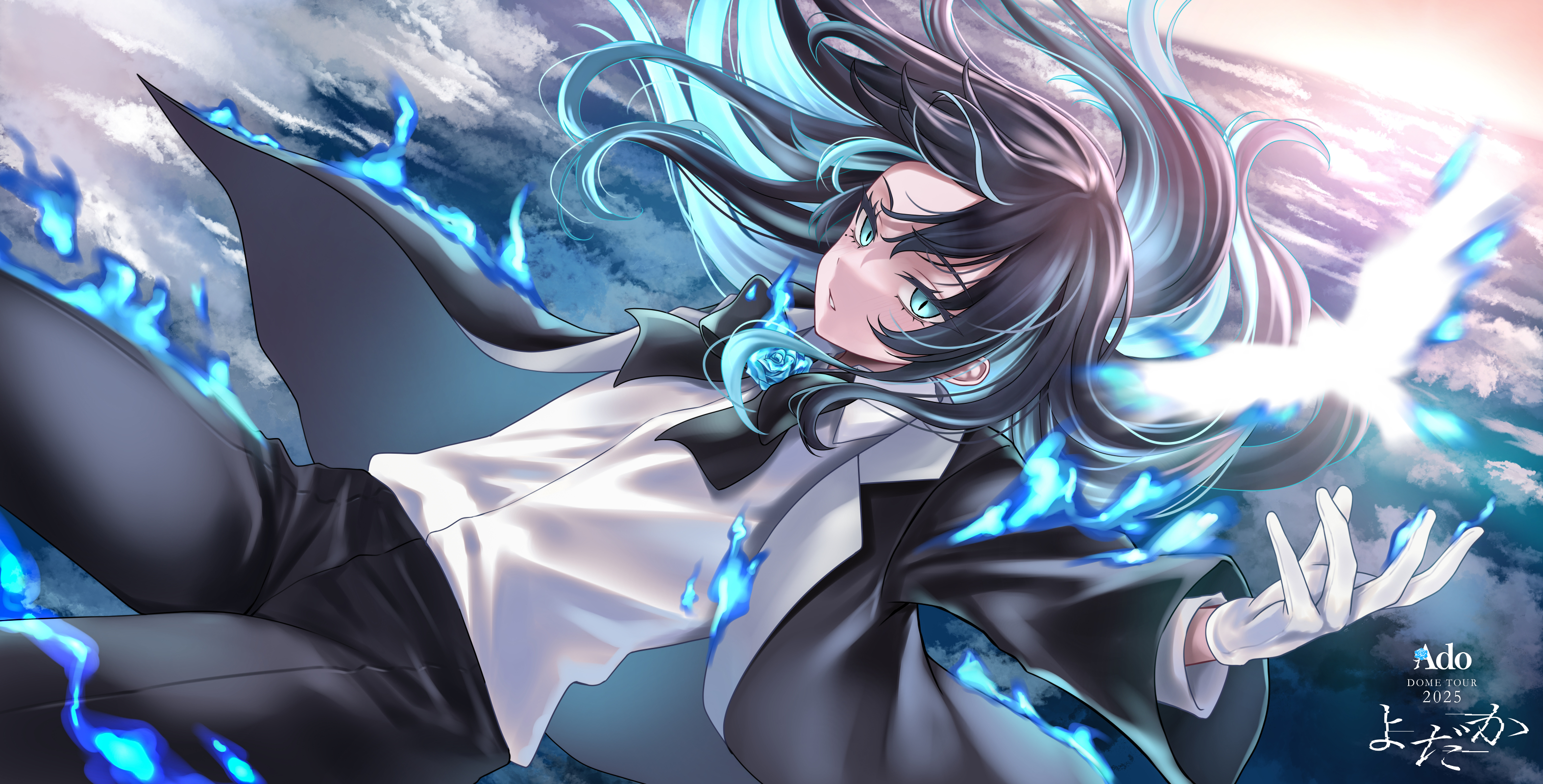 m (1n910), chando (ado), ado (utaite), chinese commentary, commentary request, highres, 1girl, black bow, black bowtie, black coat, black hair, black pants, blue eyes, blue fire, blue flower, blue hair, blue rose, bow, bowtie, coat, falling, fire, floating hair, flower, long hair, mole, mole under eye, open mouth, pants, rose, shirt, solo, utaite, white shirt