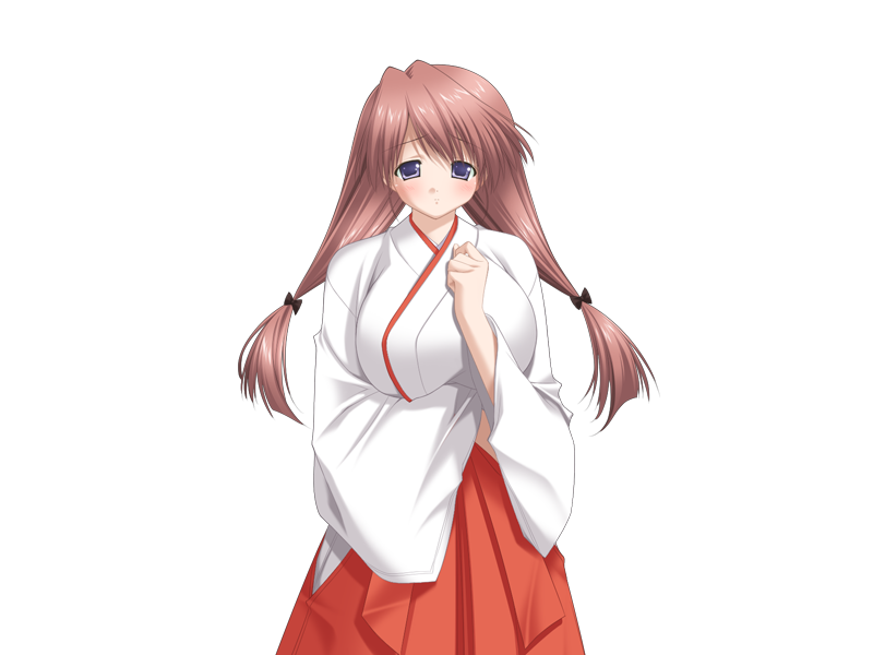 goma satoshi, oshiete miko sensei (series), game cg, 1girl, arms under breasts, blush, bow, breasts, brown hair, closed mouth, hair bow, hakama, hakama skirt, half-closed eye, japanese clothes, large breasts, long hair, long sleeves, looking at viewer, miko, oshiete miko sensei ni, purple eyes, red hakama, sad, shiratori mina (oshiete miko sensei), simple background, skirt, solo, wide sleeves