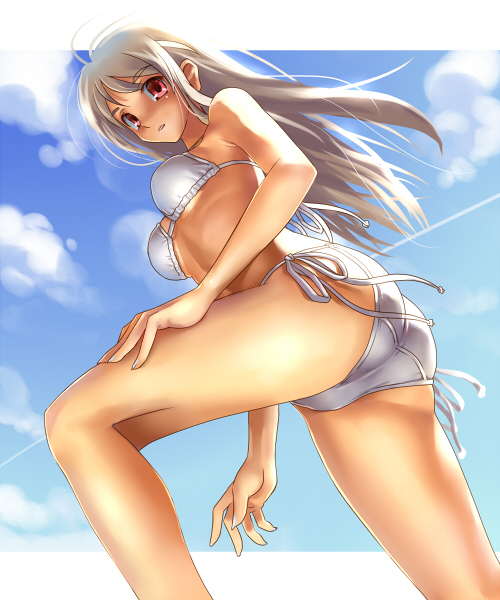 katahira masashi, original, silver hair, 1girl, ass, bikini, cloud, day, female focus, from below, red eyes, side-tie bikini bottom, sky, solo, swimsuit
