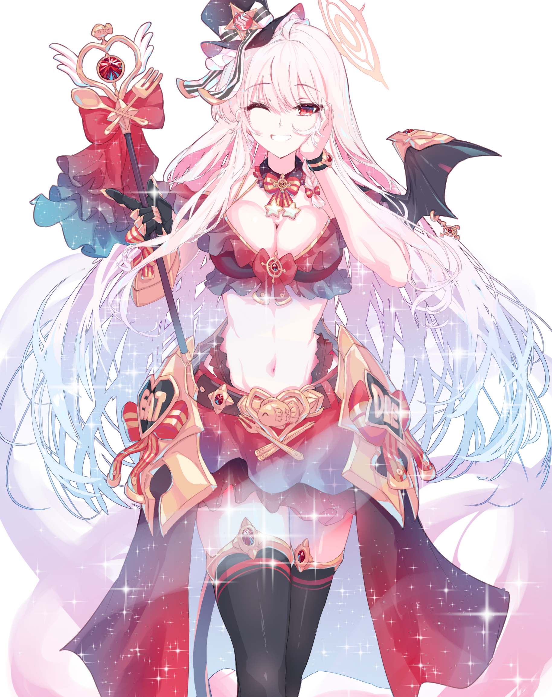 sunnysideup, haruna (blue archive), blue archive, highres, 1girl, alternate costume, bikini, bikini top only, black gloves, black hat, black thighhighs, breasts, cleavage, demon girl, demon tail, demon wings, gloves, grin, hair between eyes, halo, hand on own face, hat, holding, holding staff, large breasts, long hair, looking at viewer, magical girl, one eye closed, pink halo, red bikini, red eyes, red skirt, single wing, skirt, smile, solo, staff, swimsuit, tail, thighhighs, white hair, wings