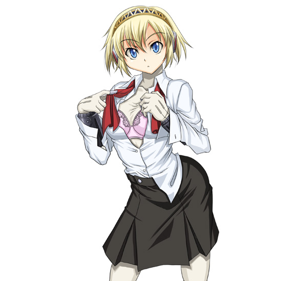 syunzou, aigis (persona), atlus, persona, persona 3, android, blonde hair, blue eyes, hairband, ribbon, school uniform, short hair, solo