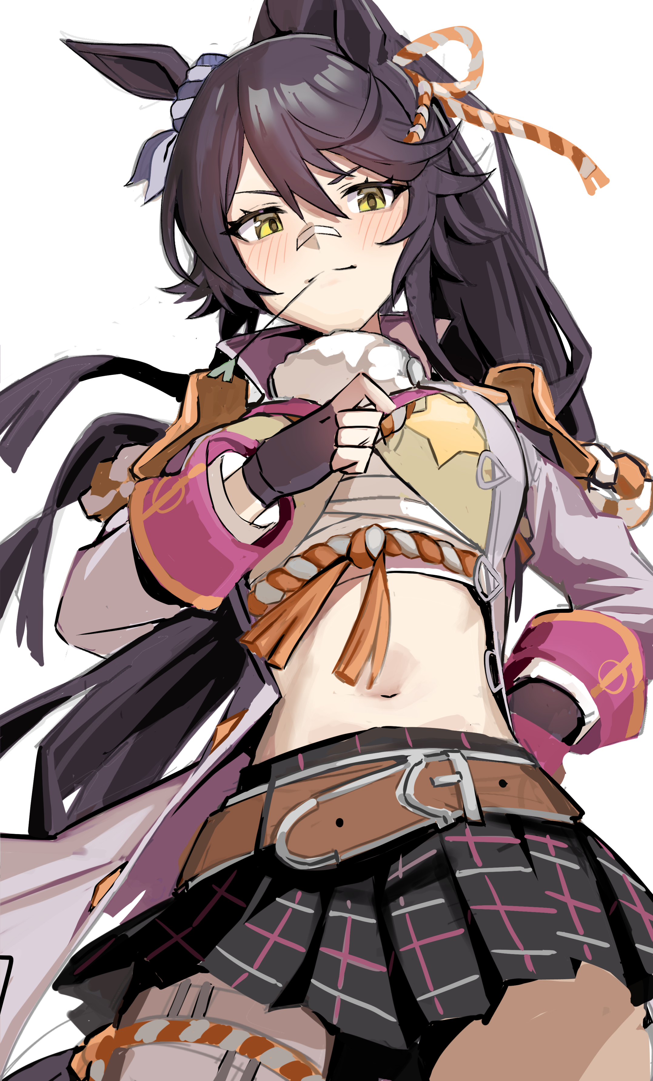 franz2543, narita brian (maverick) (umamusume), narita brian (umamusume), umamusume, absurdres, commentary, highres, 1girl, belt, black gloves, black skirt, blush, breasts, brown belt, chest sarashi, closed mouth, ear ornament, fingerless gloves, gauze on nose, gloves, grey jacket, hand on own hip, horse girl, horse tail, jacket, large breasts, long hair, looking at viewer, midriff, miniskirt, mouth hold, navel, open clothes, open jacket, pleated skirt, ponytail, rope, sarashi, shimenawa, simple background, skirt, smile, solo, stalk in mouth, tail, white background