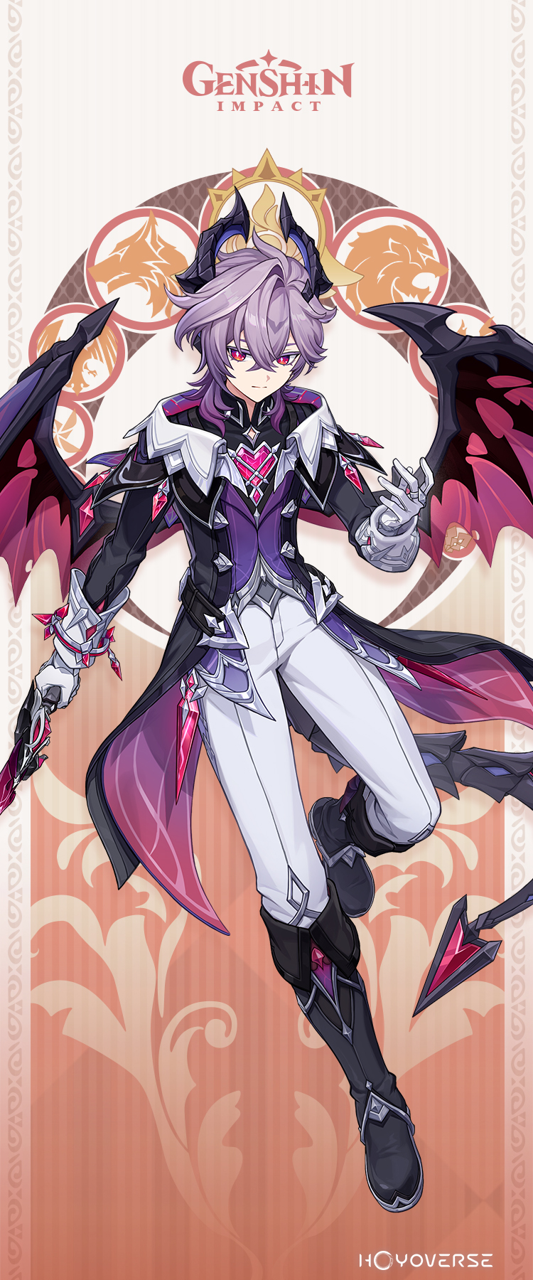 mini durin (genshin impact), mini durin (human) (genshin impact), genshin impact, commentary, english commentary, highres, official art, 1boy, black boots, black coat, boots, closed mouth, coat, dragon tail, dragon wings, full body, gloves, hair between eyes, hand up, holding, long sleeves, male focus, pants, purple hair, red eyes, solo, tail, white gloves, white pants, wings