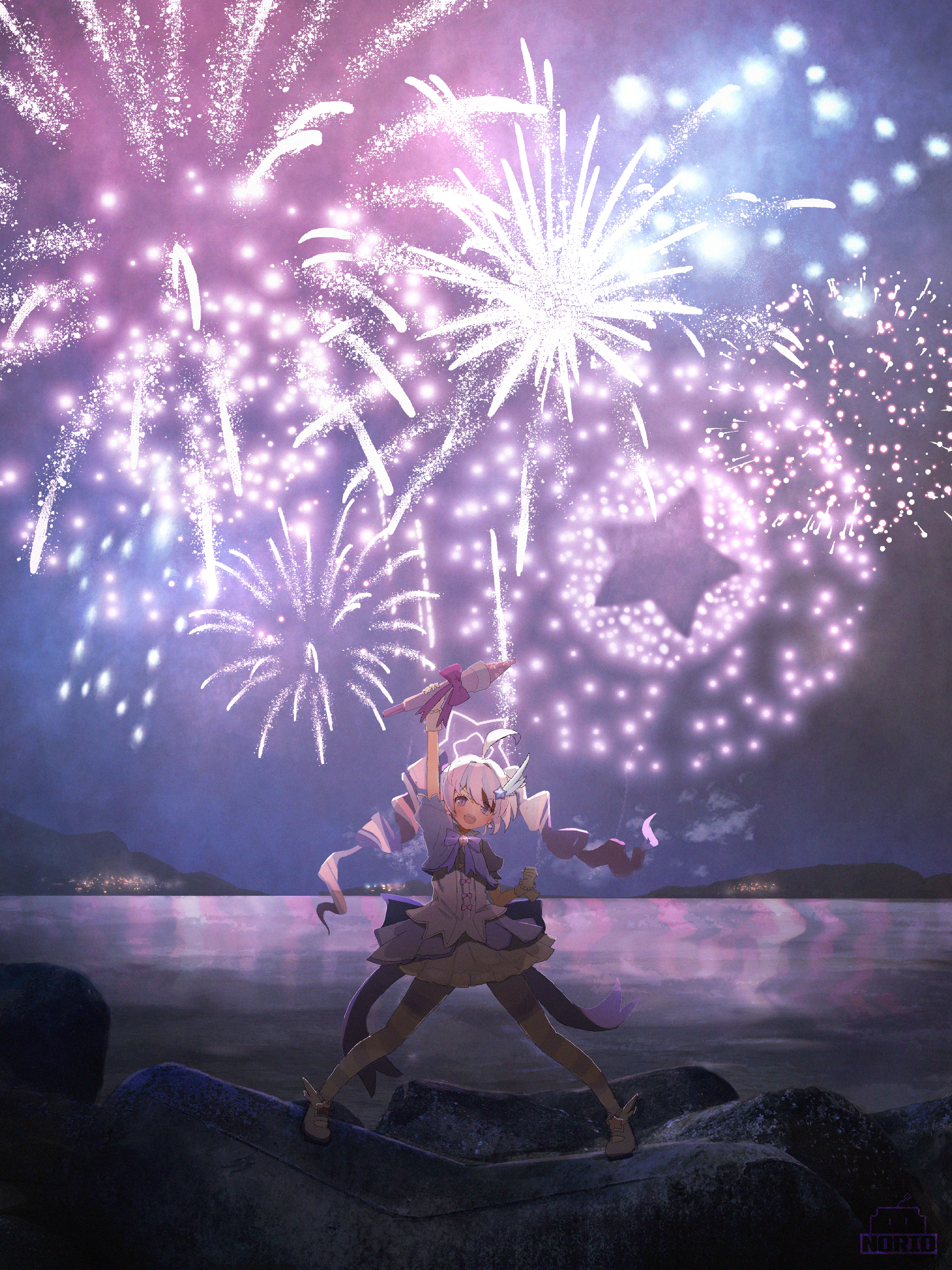 norio (norio386), reisa (blue archive), reisa (magical) (blue archive), blue archive, absurdres, commentary request, highres, 1girl, arm up, blue hair, clenched hand, drill hair, fireworks, gloves, hair between eyes, halo, holding rocket, jacket, long hair, looking at viewer, magical girl, mountainous horizon, multicolored hair, off shoulder, official alternate costume, open mouth, purple eyes, purple hair, purple halo, purple jacket, purple shoes, purple skirt, purple thighhighs, rocket, shirt, shoes, short sleeves, sidelocks, skirt, solo, striped clothes, striped thighhighs, thighhighs, twin drills, two-tone hair, white gloves, white shirt