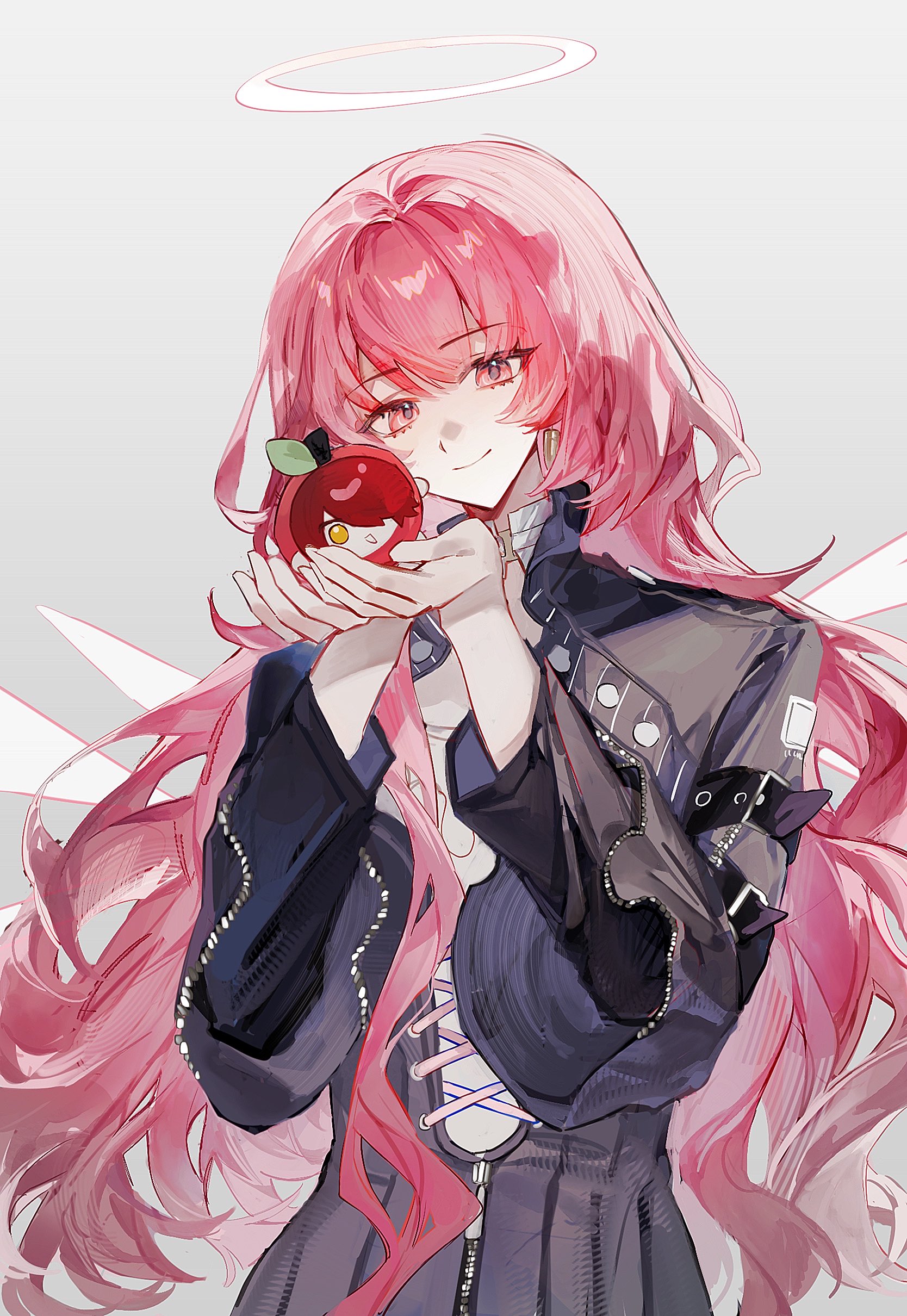 bochishiraita, exusiai (arknights), lemuen (arknights), arknights, absurdres, hashtag-only commentary, highres, 1girl, black dress, closed mouth, cupping hands, detached wings, dress, grey background, halo, holding, long hair, long sleeves, looking at viewer, own hands together, pink eyes, pink hair, simple background, smile, solo, traditional halo, upper body, white halo, wings