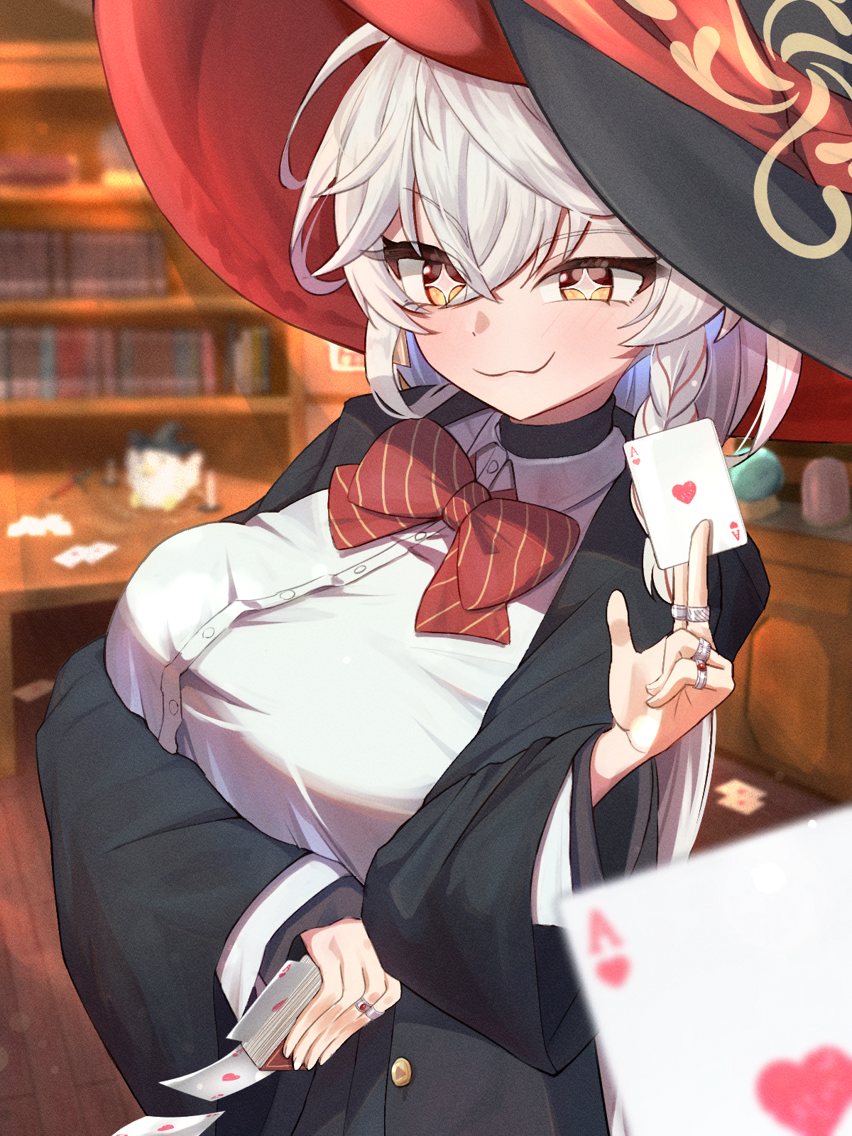 tacos24185336, eri (blue archive), blue archive, highres, 1girl, black robe, blurry, blurry background, bookshelf, bow, braid, breasts, card, closed mouth, collared shirt, hat, holding, holding card, jewelry, large breasts, light blush, long hair, looking at viewer, orange eyes, red bow, ring, robe, shirt, side braid, smile, solo, sparkling eyes, striped bow, striped clothes, vertical-striped bow, vertical-striped clothes, very long hair, white hair, white shirt, witch hat