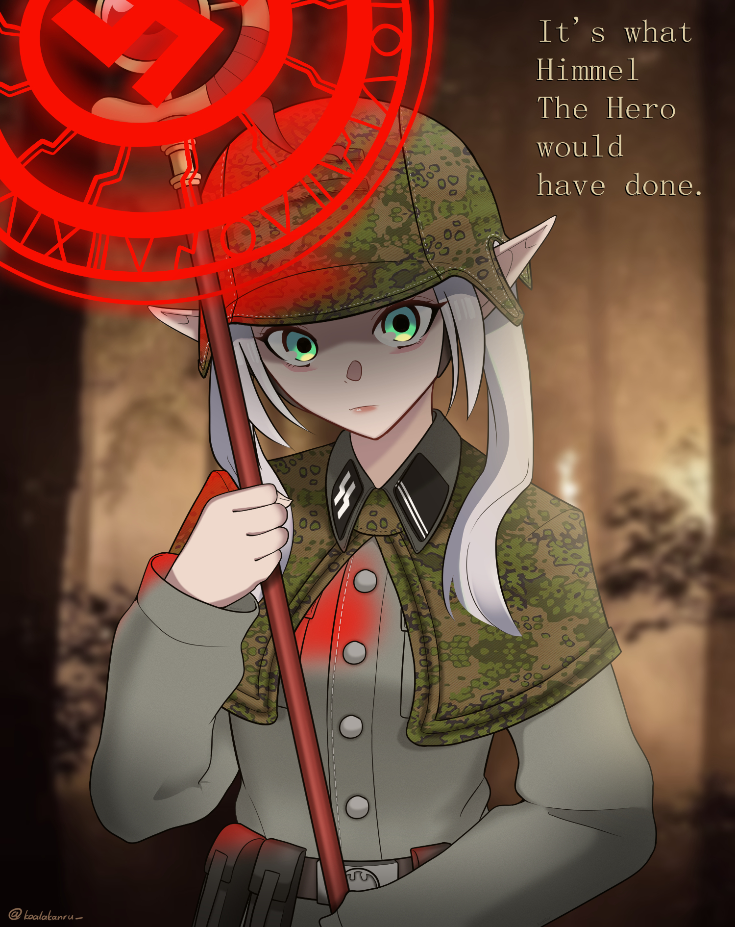 koalakanru, frieren, sousou no frieren, highres, 1girl, alternate costume, breasts, camouflage, camouflage helmet, capelet, closed mouth, elf, green eyes, grey hair, helmet, holding, holding staff, long hair, long sleeves, looking at viewer, nazi, pointy ears, reichsadler, runes, siegrunen, solo, ss insignia, ss uniform, staff, swastika, talking, twintails, waffen-ss, white hair